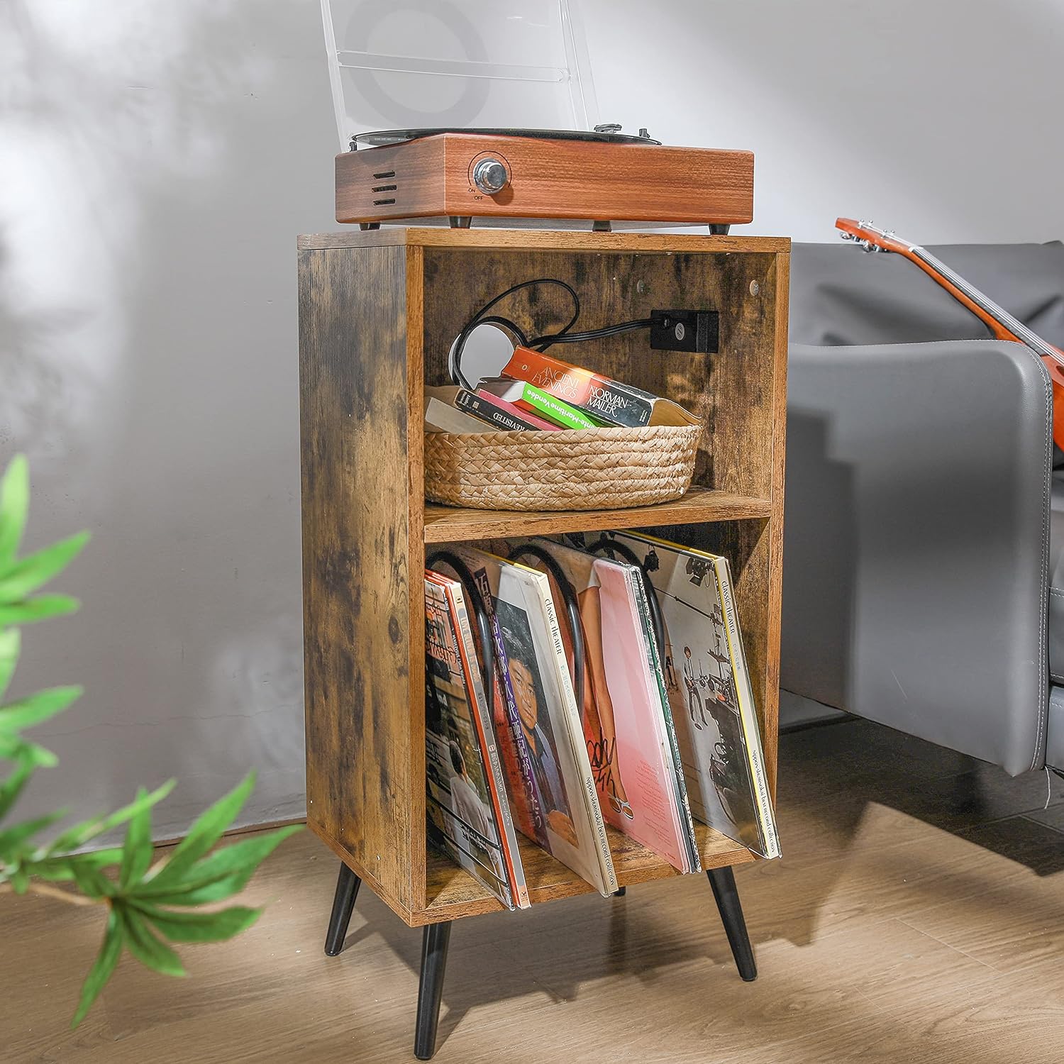 Record Player Stand with Divided Storage & Built-In Power Station