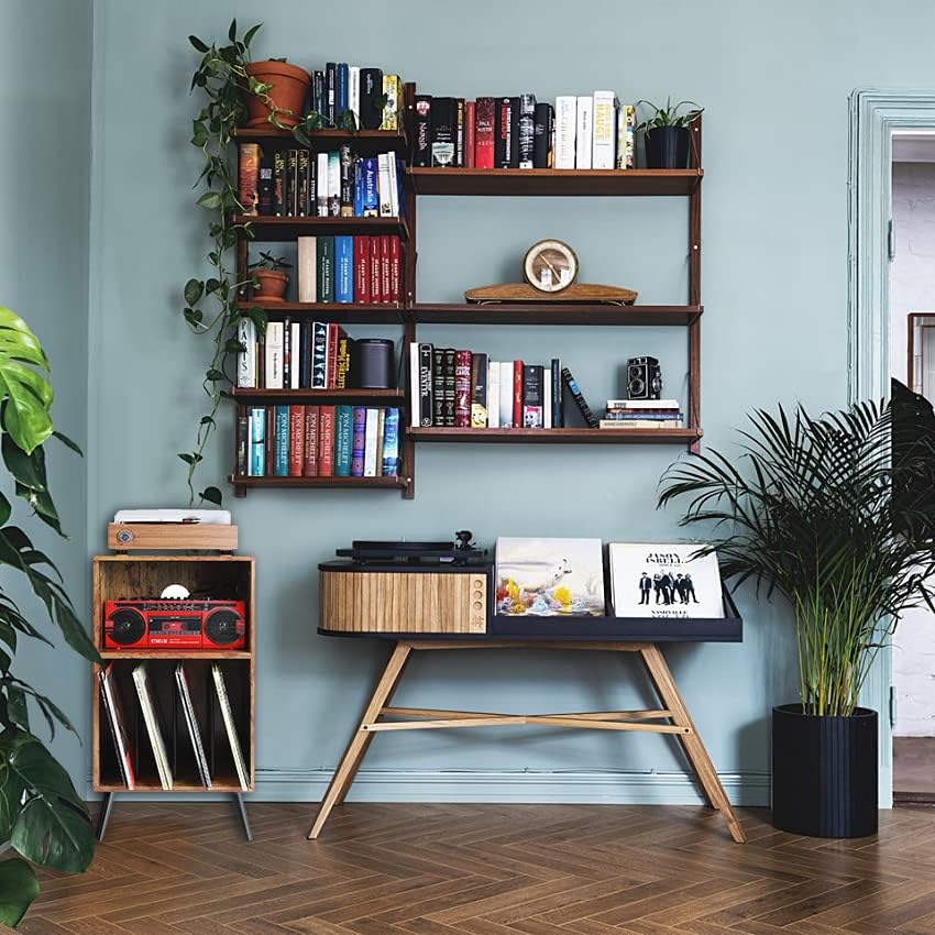 Record Player Stand with Divided Storage & Built-In Power Station