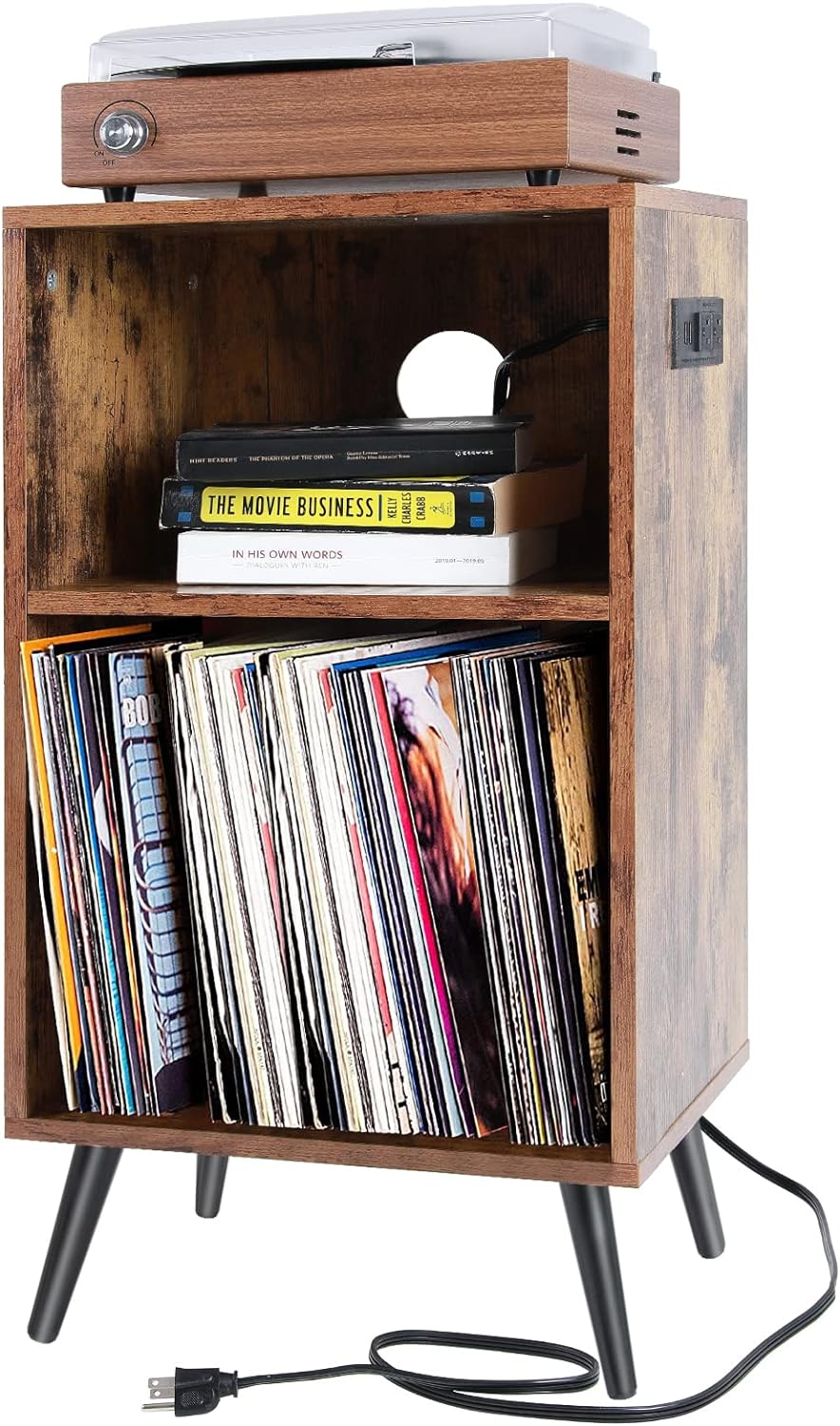 Record Player Stand with Divided Storage & Built-In Power Station