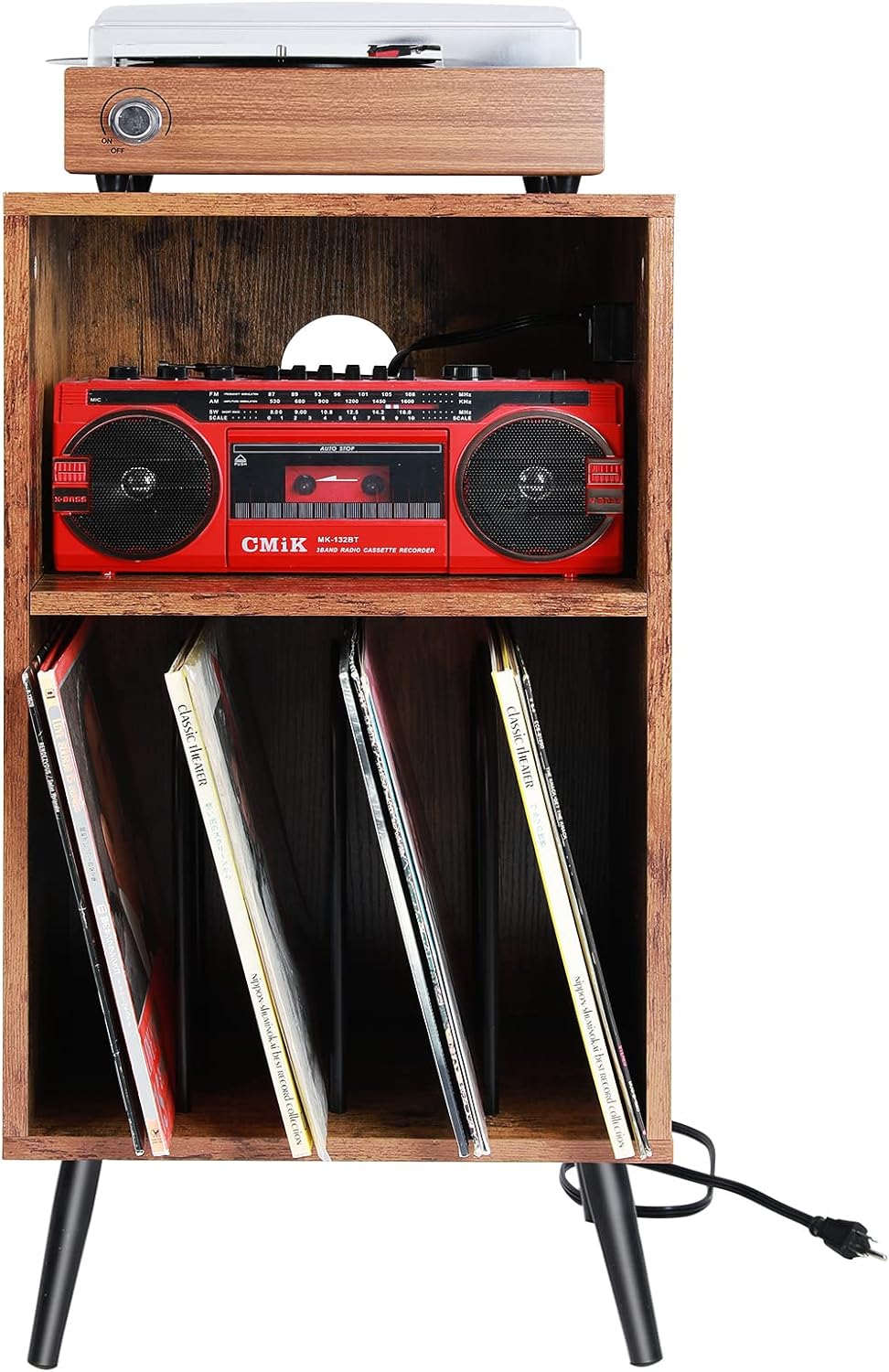 Record Player Stand with Divided Storage & Built-In Power Station