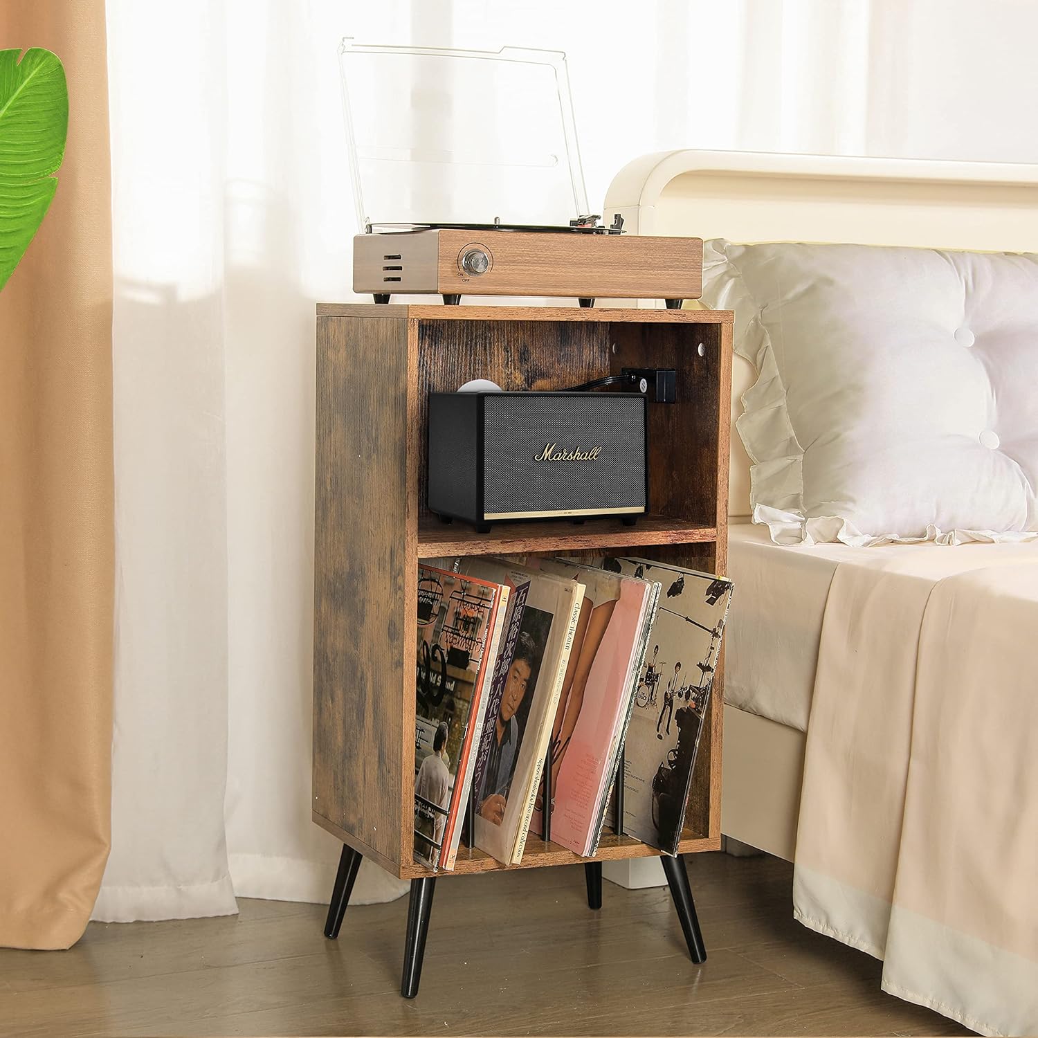 Record Player Stand with Divided Storage & Built-In Power Station