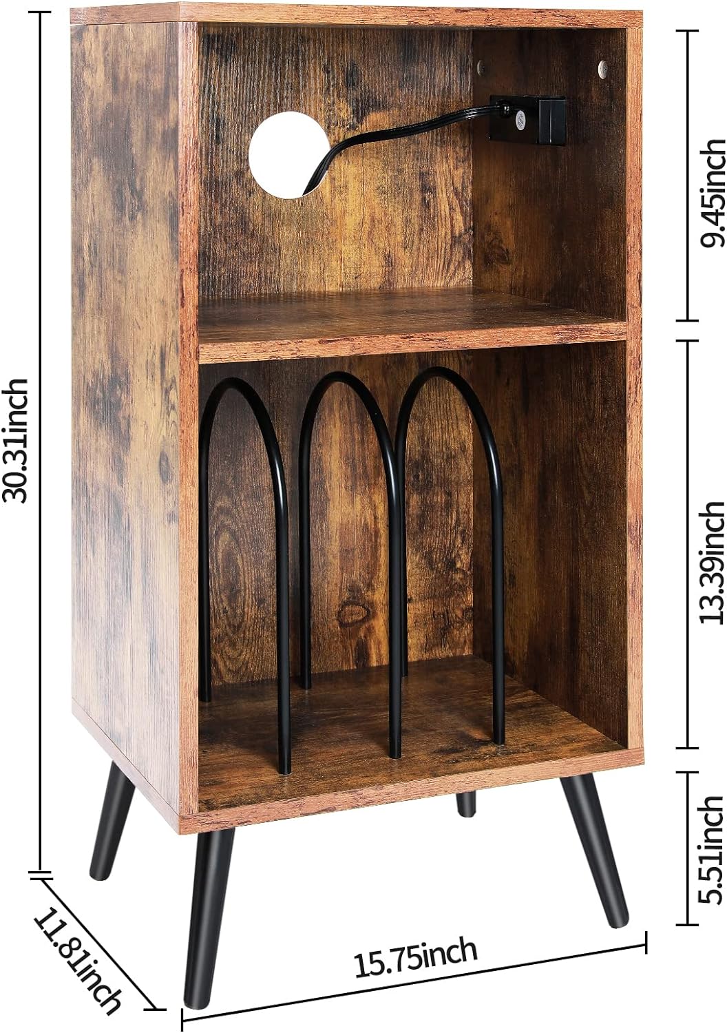 Record Player Stand with Divided Storage & Built-In Power Station