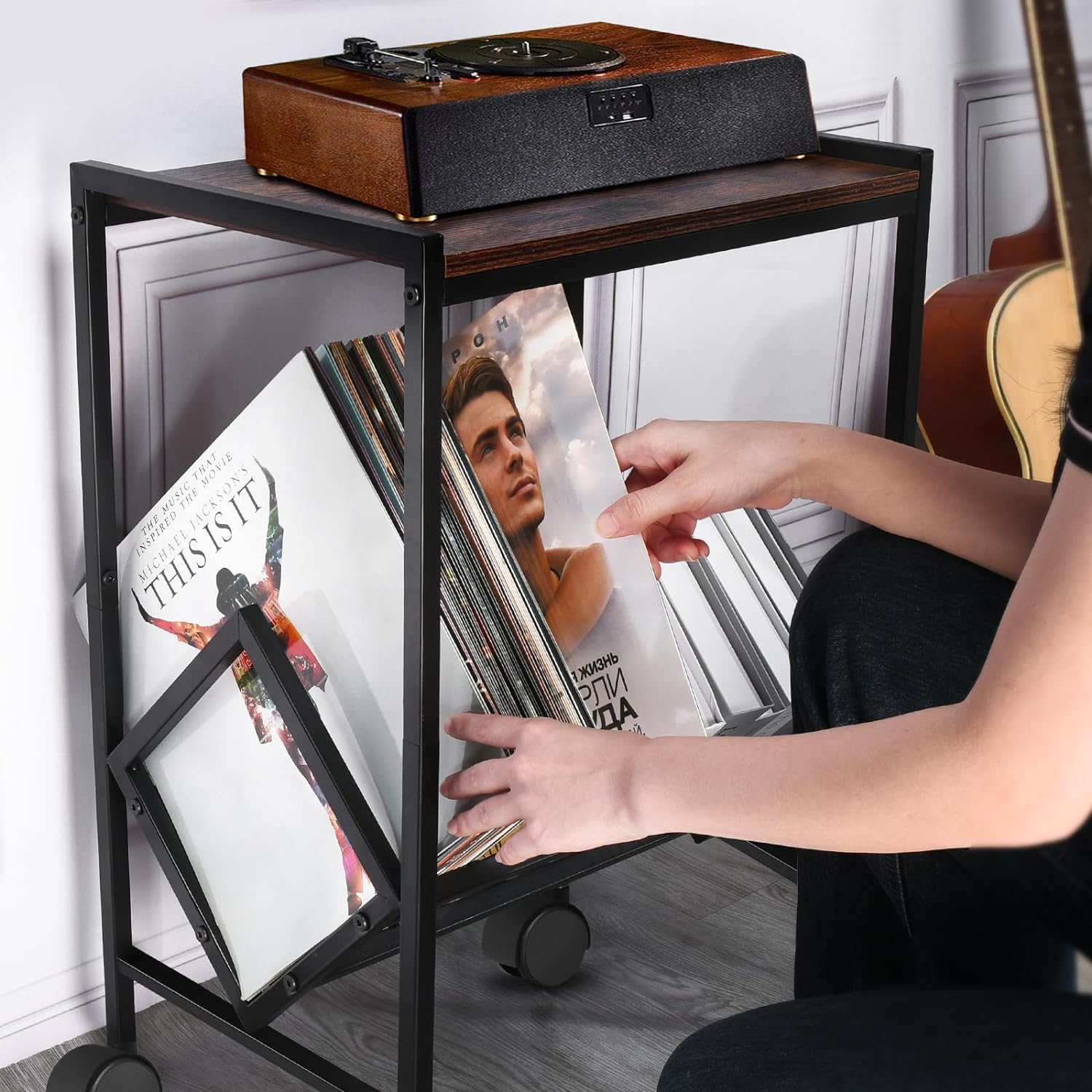 Black Vinyl Record Player Stand – Storage for Up to 80 Albums