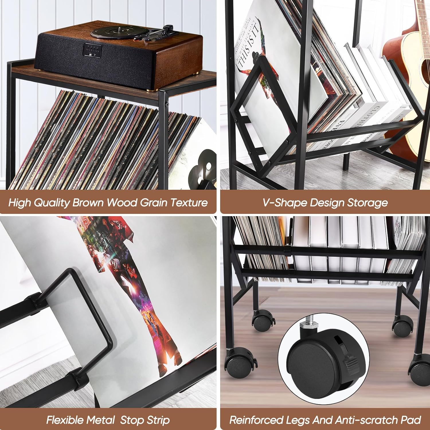 Black Vinyl Record Player Stand – Storage for Up to 80 Albums