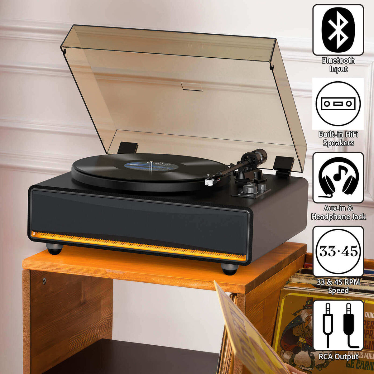 Vintage All-in-One Bluetooth Record Player with 40W Hi-Fi Speakers & Warm Ambient Light T26