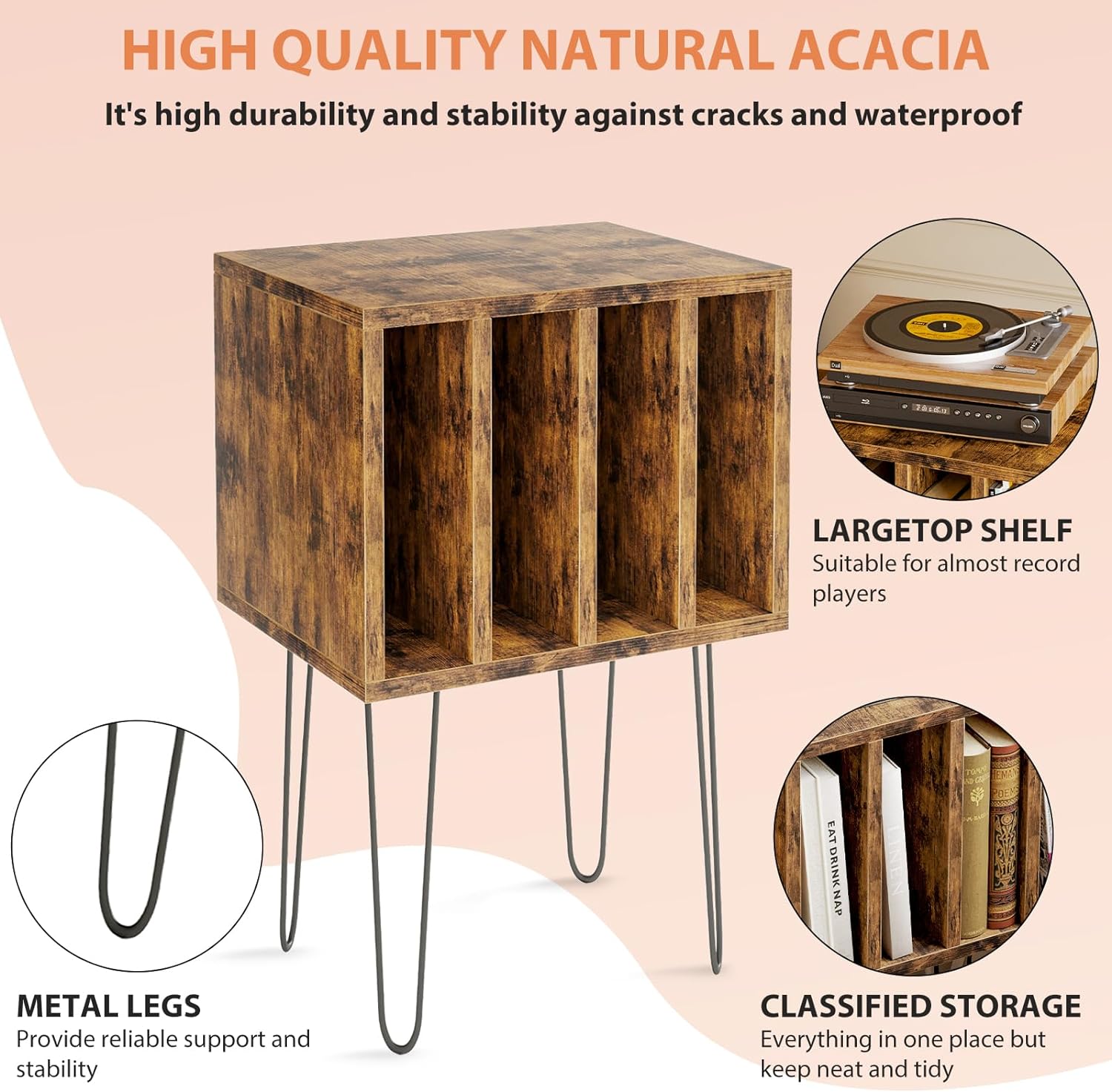 Vinyl Record Storage Table with 4 Cabinets – Holds 100 Albums