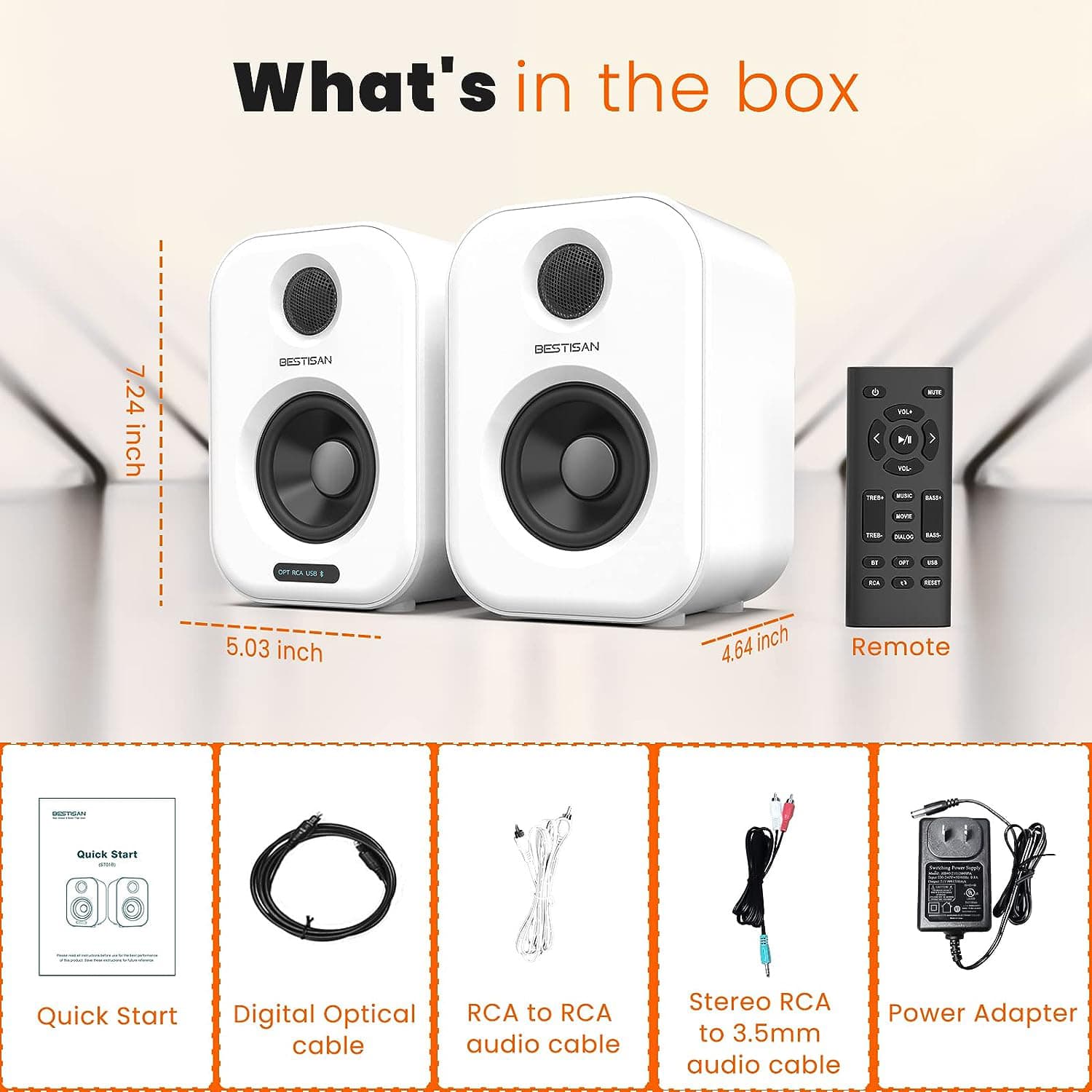 BESTISAN 50W Bluetooth 5.0 Powered Bookshelf Speakers with Remote