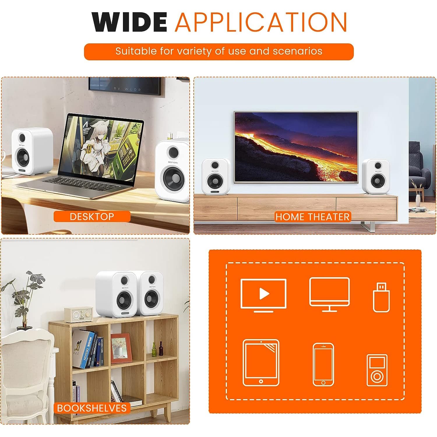 BESTISAN 50W Bluetooth 5.0 Powered Bookshelf Speakers with Remote
