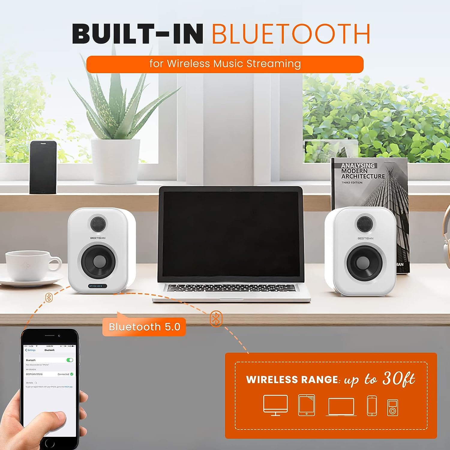 BESTISAN 50W Bluetooth 5.0 Powered Bookshelf Speakers with Remote