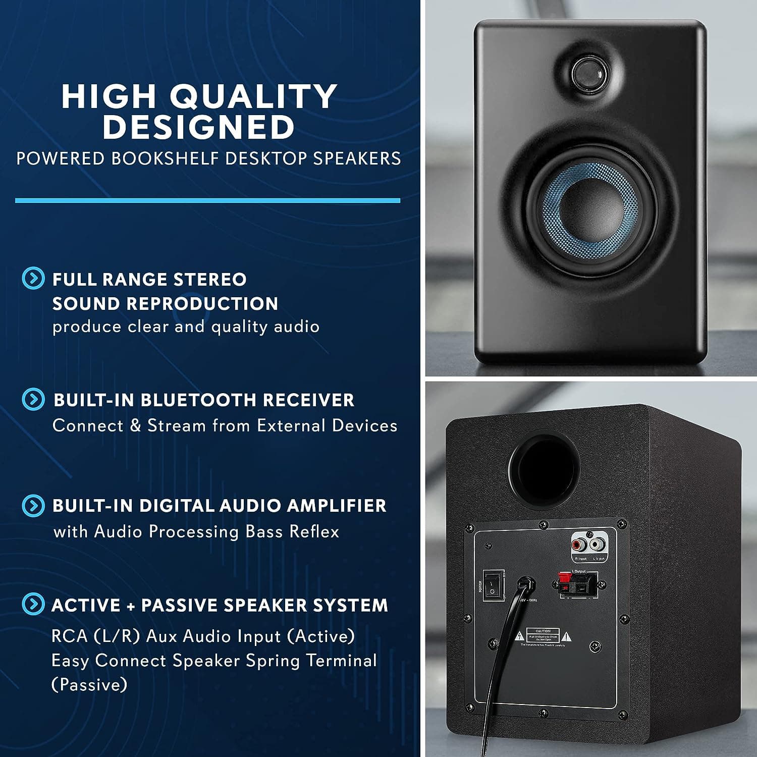 Pyle 300W Hi-Fi Bluetooth Active Bookshelf Speakers – Professional Black