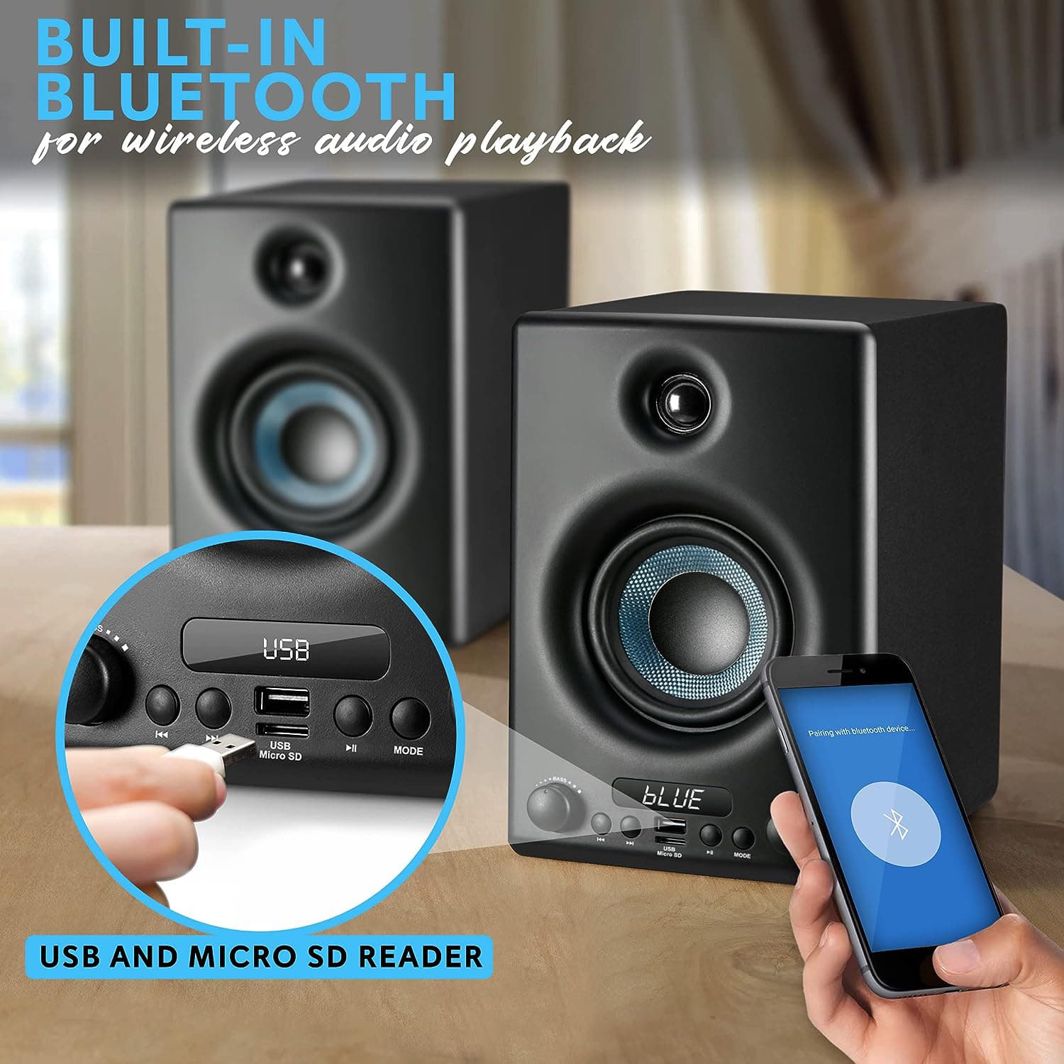 Pyle 300W Hi-Fi Bluetooth Active Bookshelf Speakers – Professional Black