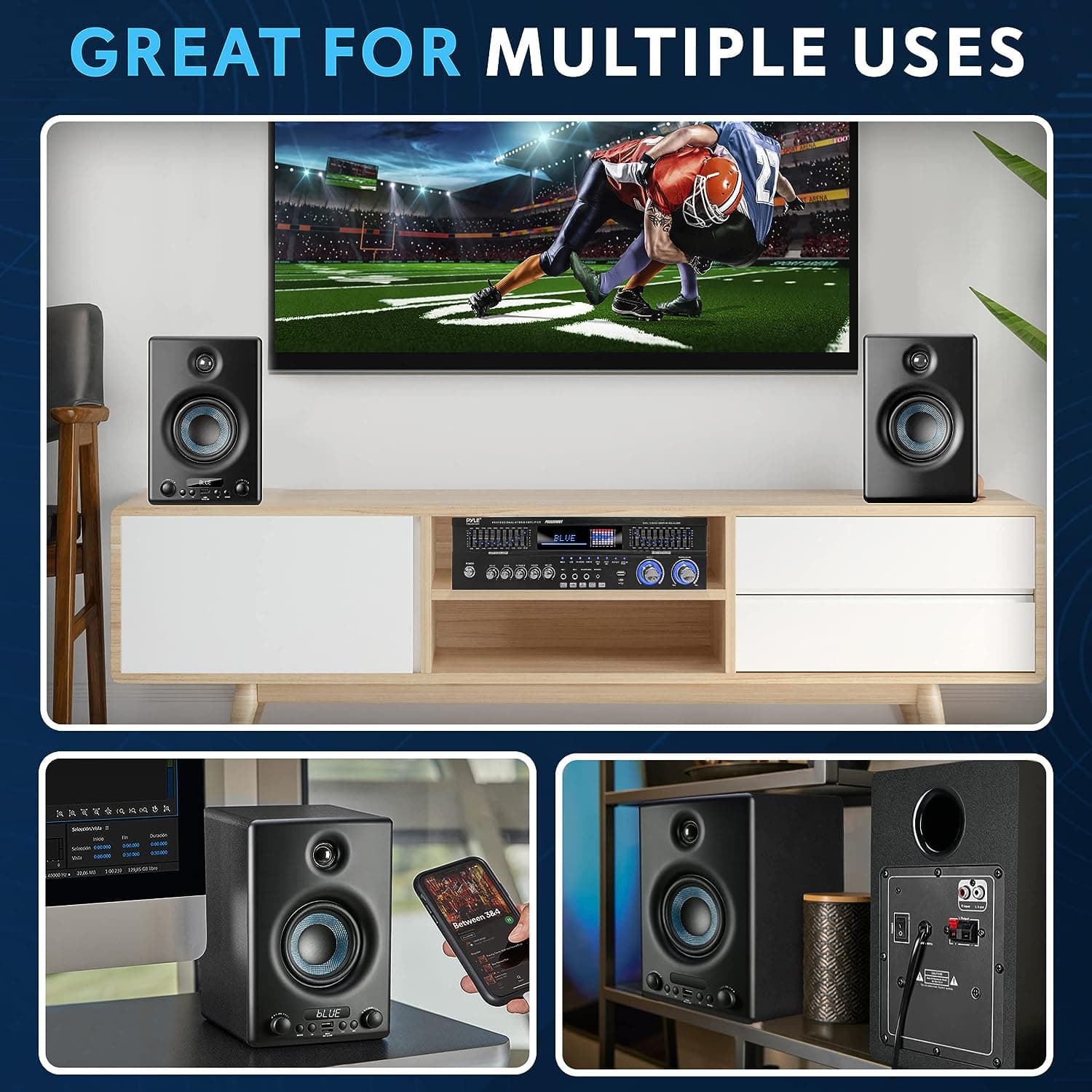 Pyle 300W Hi-Fi Bluetooth Active Bookshelf Speakers – Professional Black