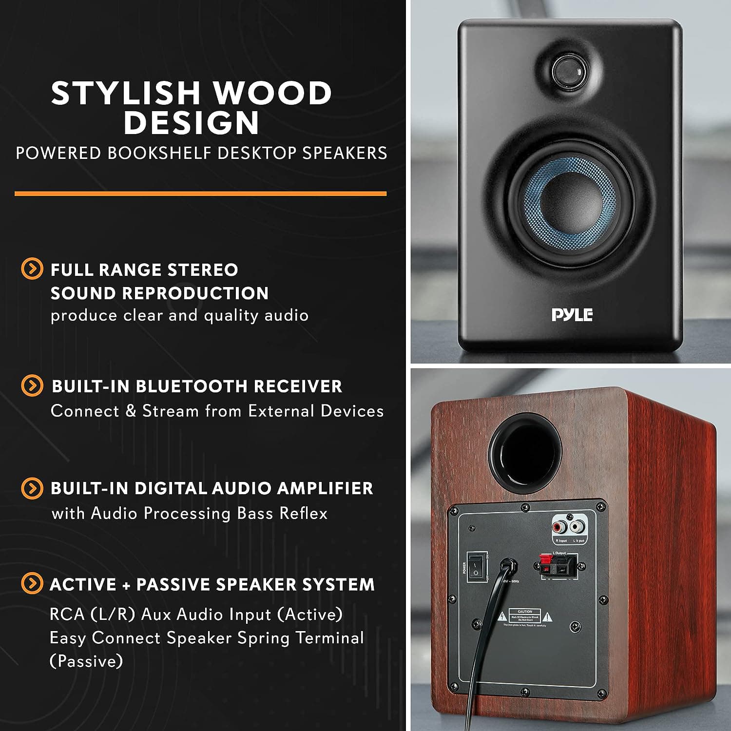 Pyle 300W Hi-Fi Bluetooth Wooden Bookshelf Speaker System – Active Stereo