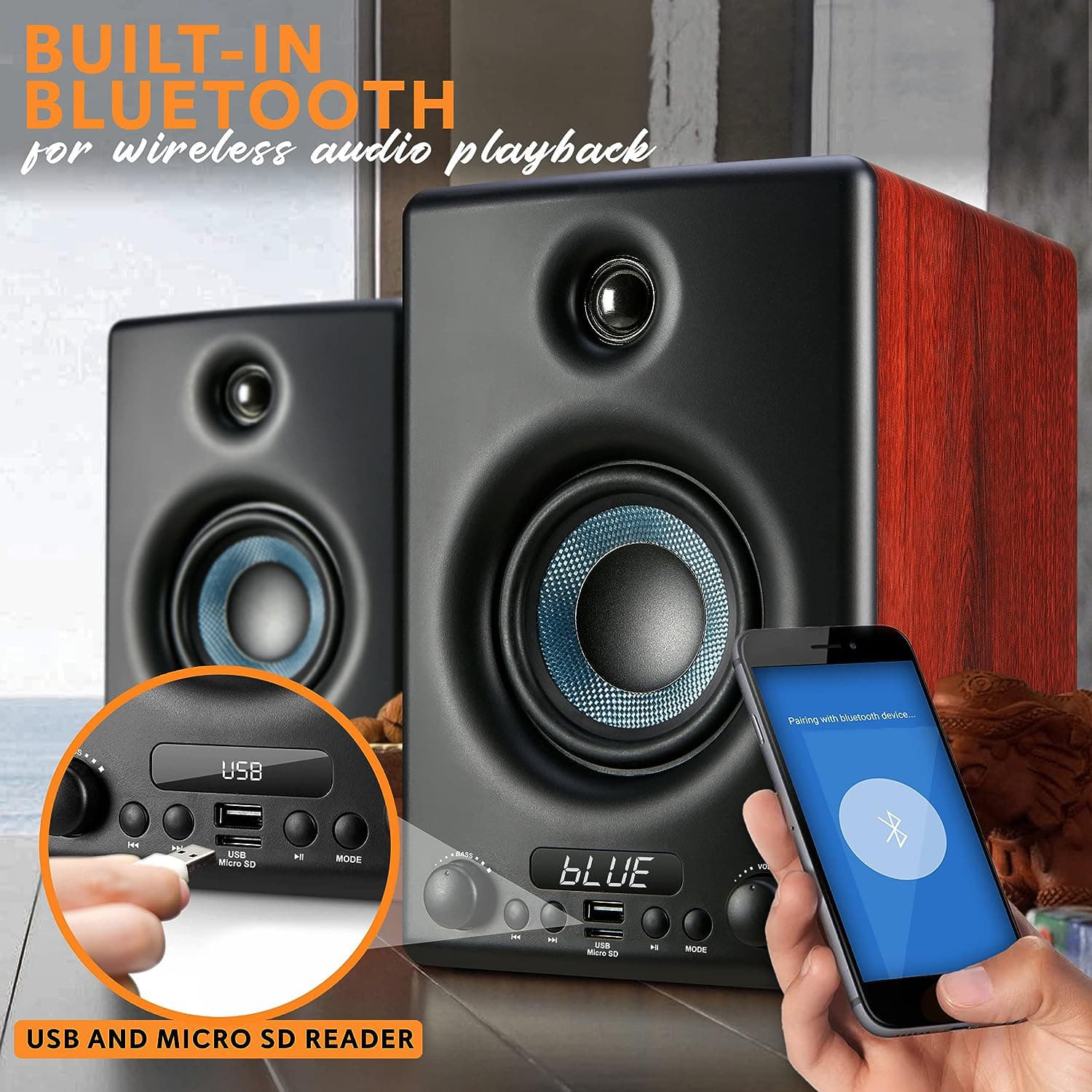 Pyle 300W Hi-Fi Bluetooth Wooden Bookshelf Speaker System – Active Stereo