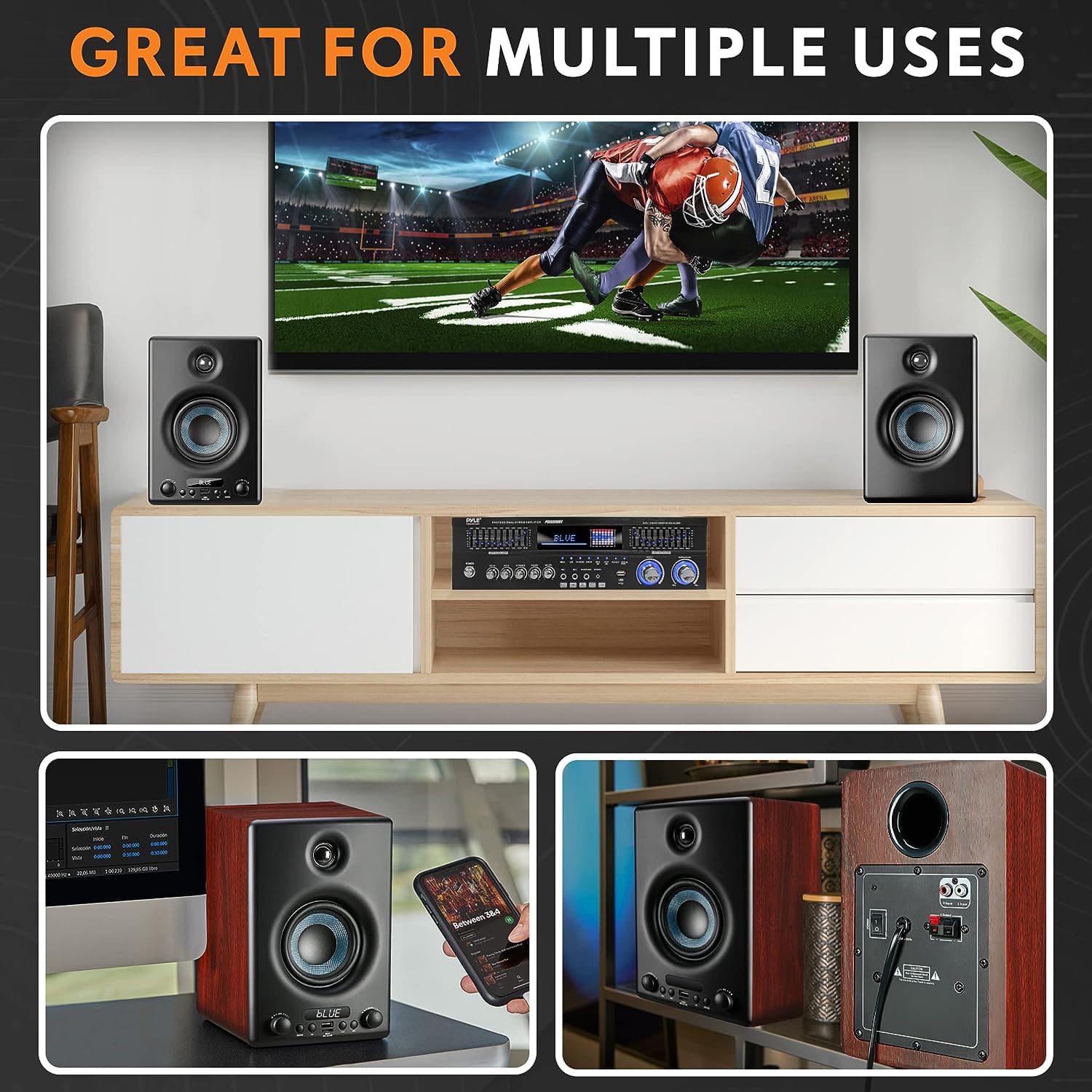 Pyle 300W Hi-Fi Bluetooth Wooden Bookshelf Speaker System – Active Stereo