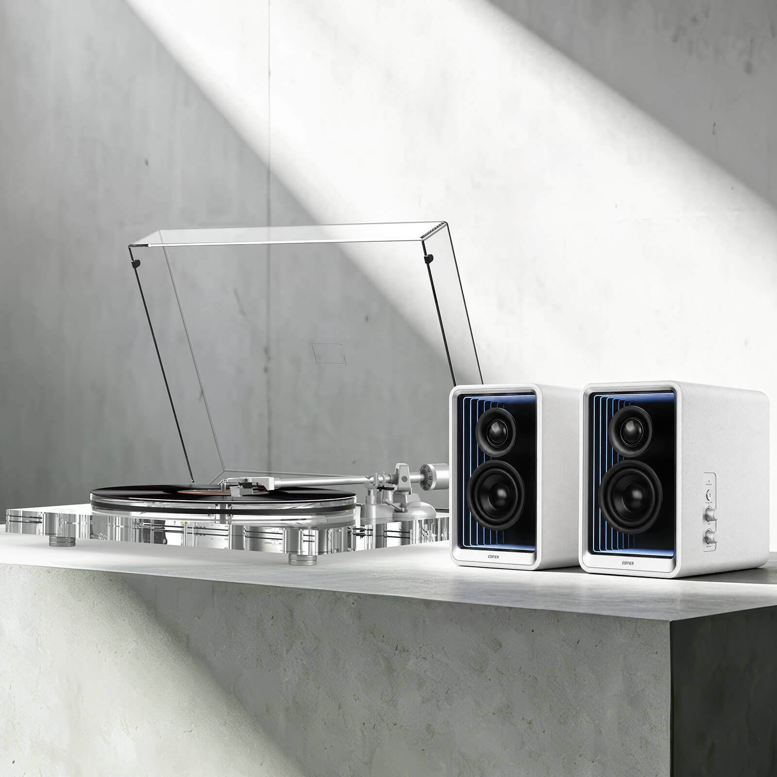 ICE1-V2 Acrylic Turntable + Edifier QR65 Bluetooth Desktop Speakers, 70W Output, RGB Lights, Stands Included