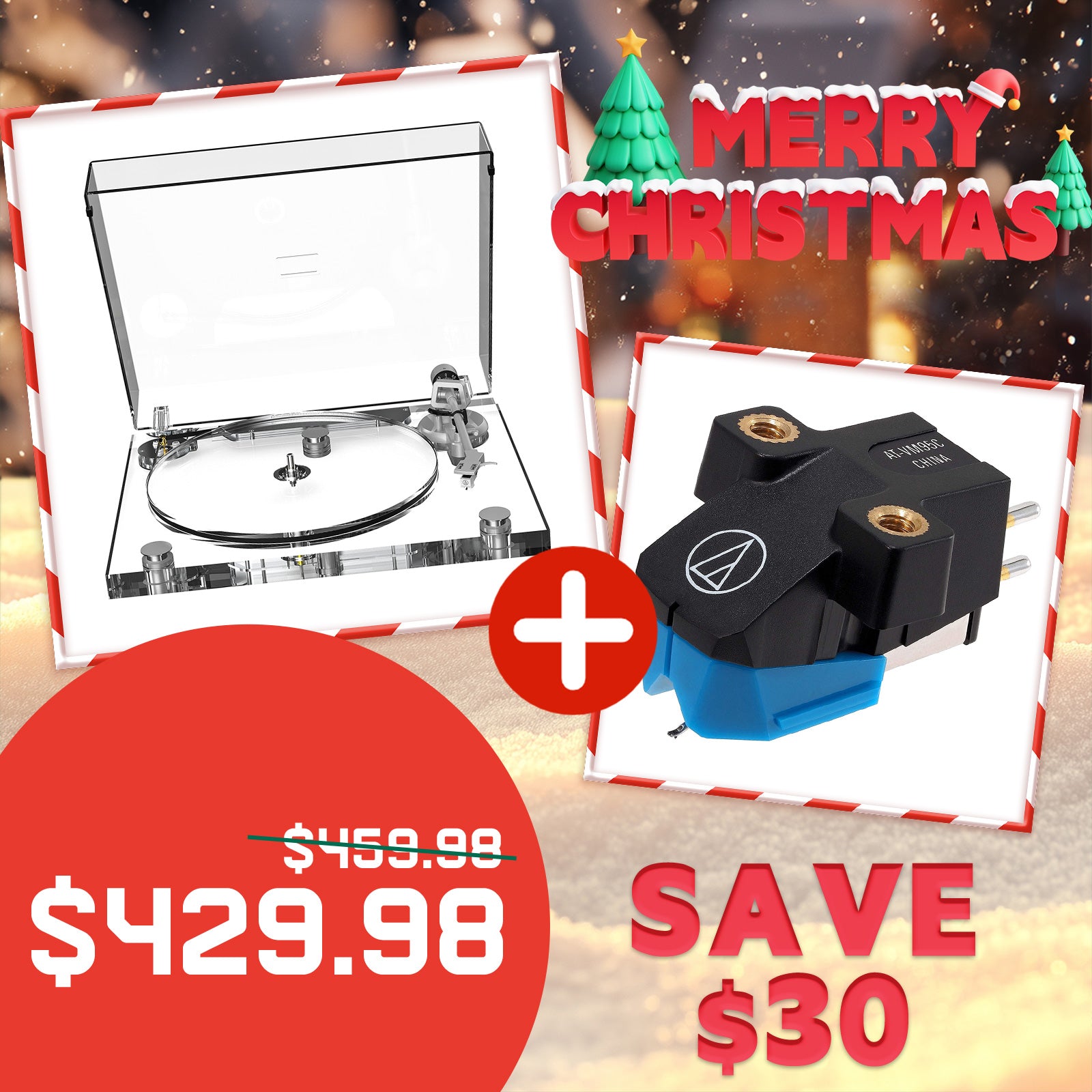 Christmas Limited Time Offer | All-Acrylic Transparent High-Fidelity Bluetooth Vinyl Turntable & AT-VM95C Cartridge Combo