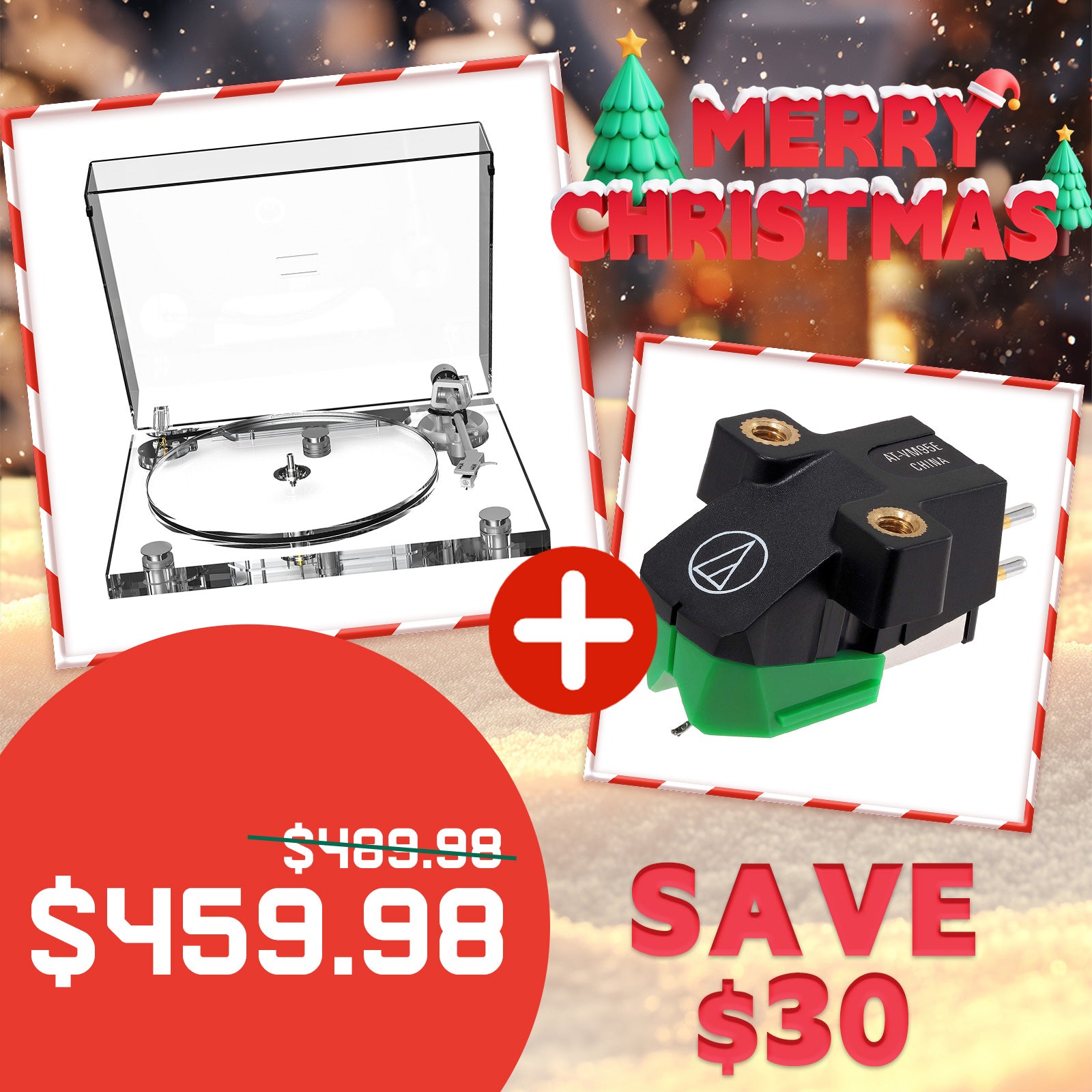 Christmas Limited Time Offer | All-Acrylic Transparent High-Fidelity Bluetooth Vinyl Turntable & AT-VM95E Cartridge Combo