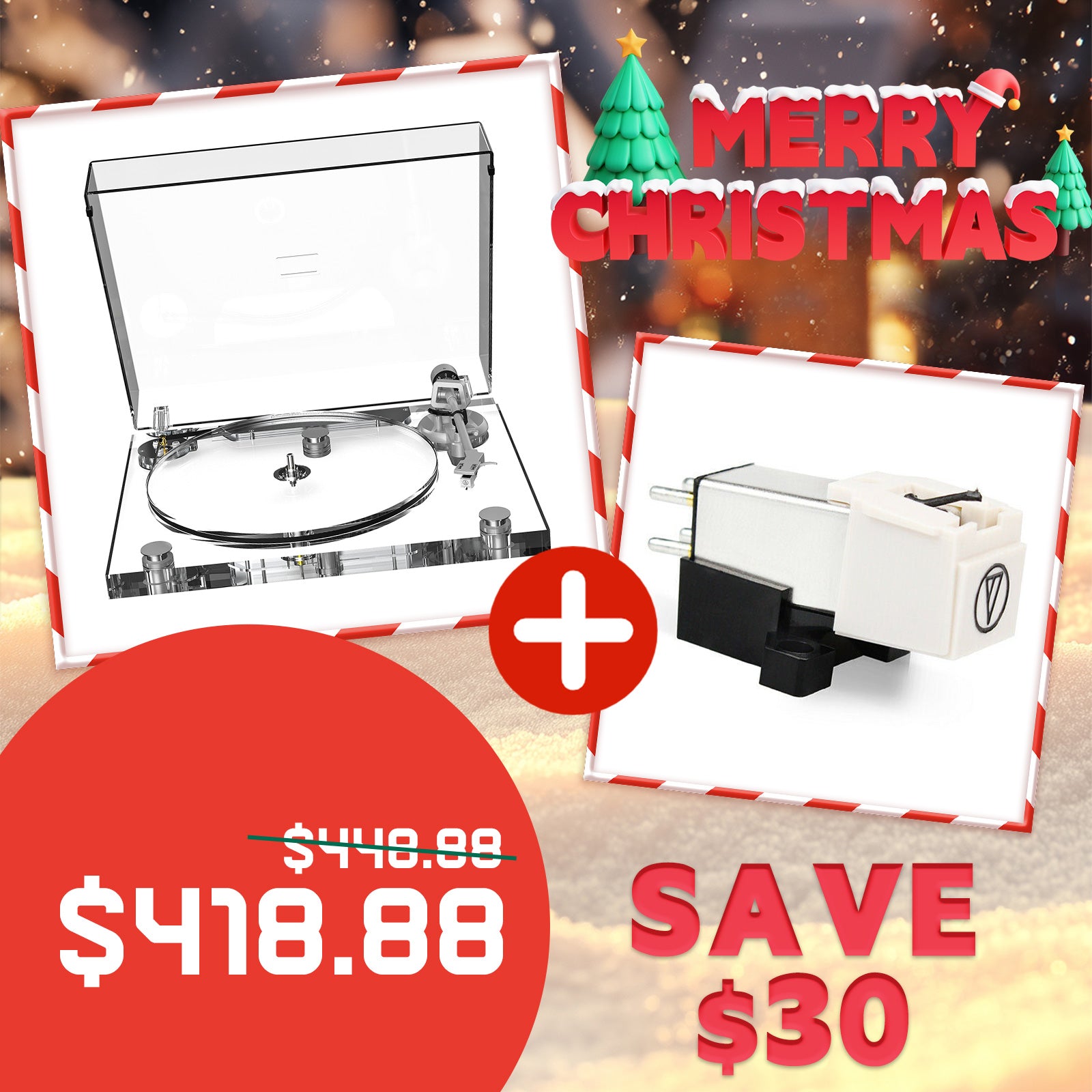 Christmas Limited Time Special | All-Acrylic Transparent High-Fidelity Bluetooth Vinyl Turntable & ATN3600L Cartridge Combo