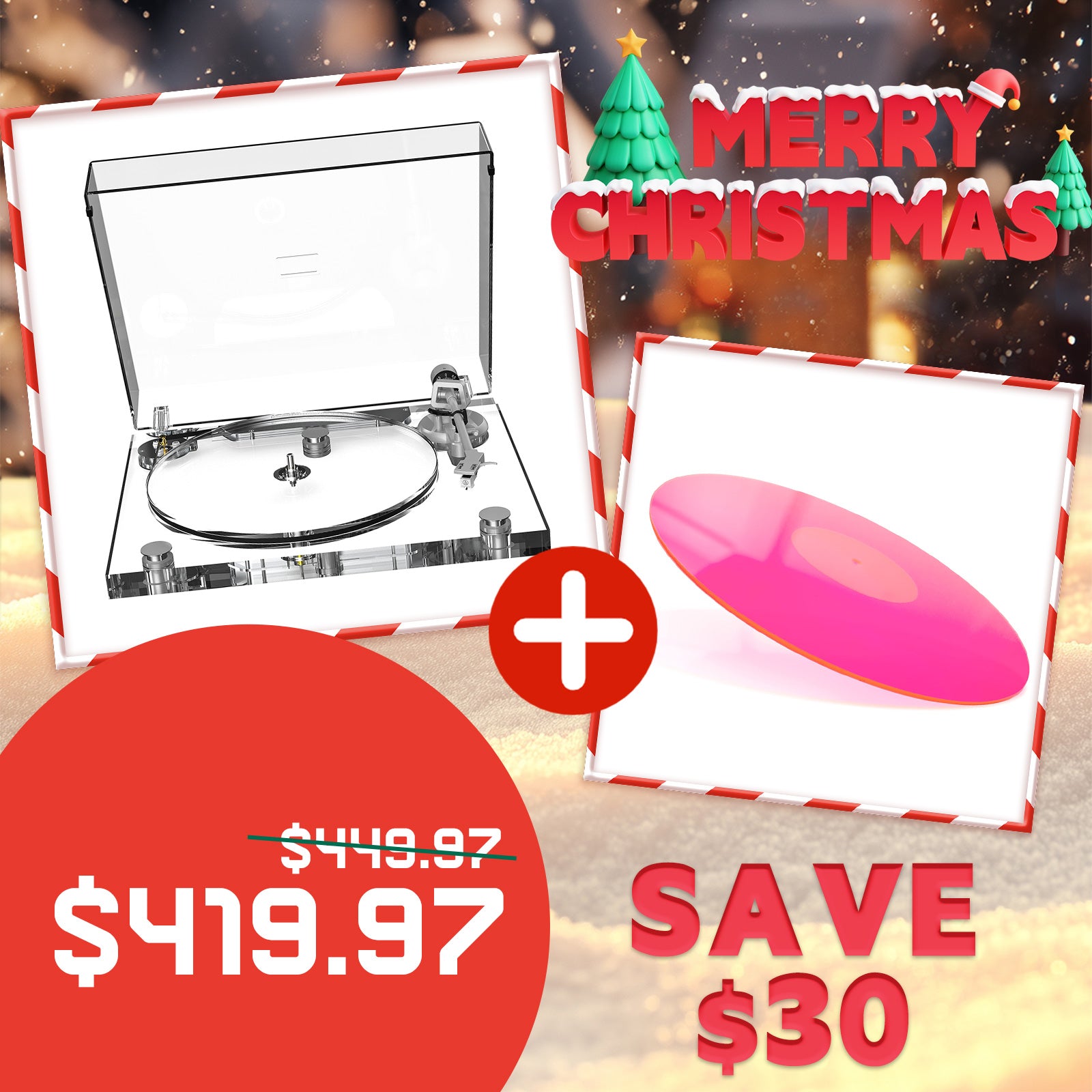 Christmas Limited Time Special | All-Acrylic Transparent High-Fidelity Bluetooth Vinyl Turntable & Colorful Acrylic Record Mat Combo