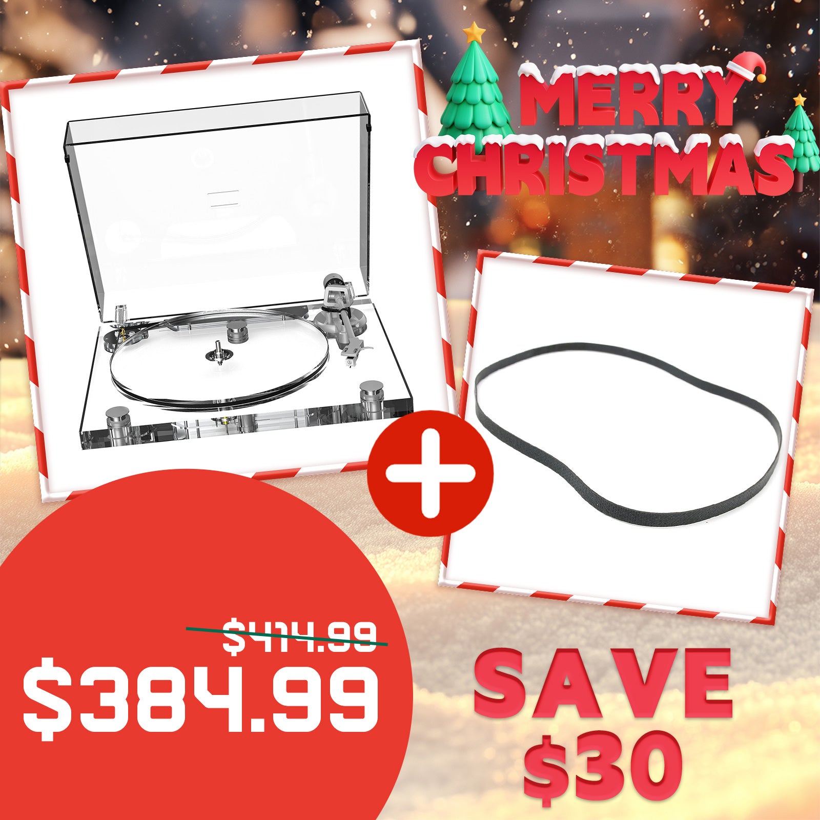 Christmas Limited Time Offer | All-Acrylic Transparent High-Fidelity Bluetooth Vinyl Turntable & Original Replacement Belt Combo