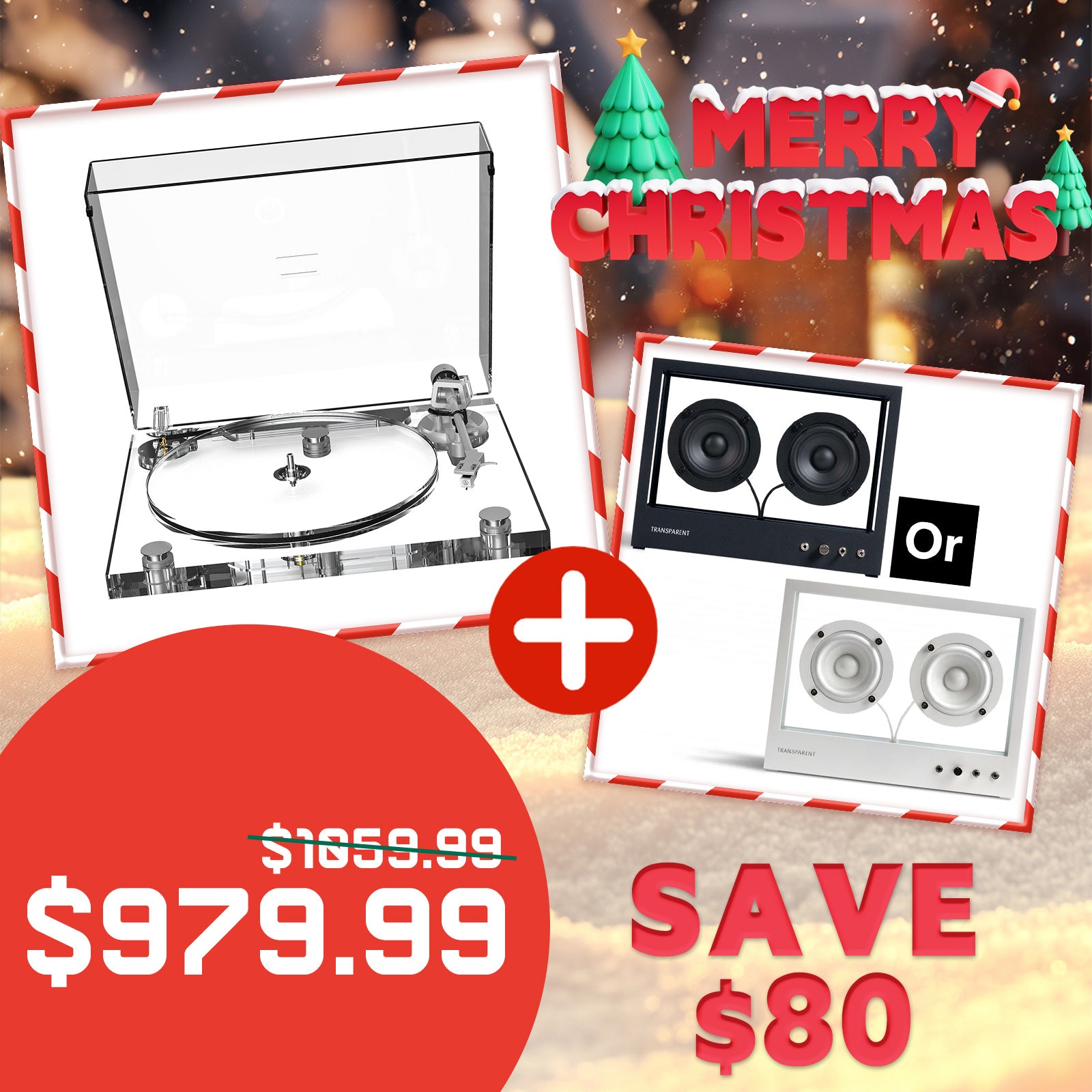 Christmas Limited Time Special | All-Acrylic Transparent High-Fidelity Bluetooth Vinyl Turntable and Transparent Speaker Combo Set