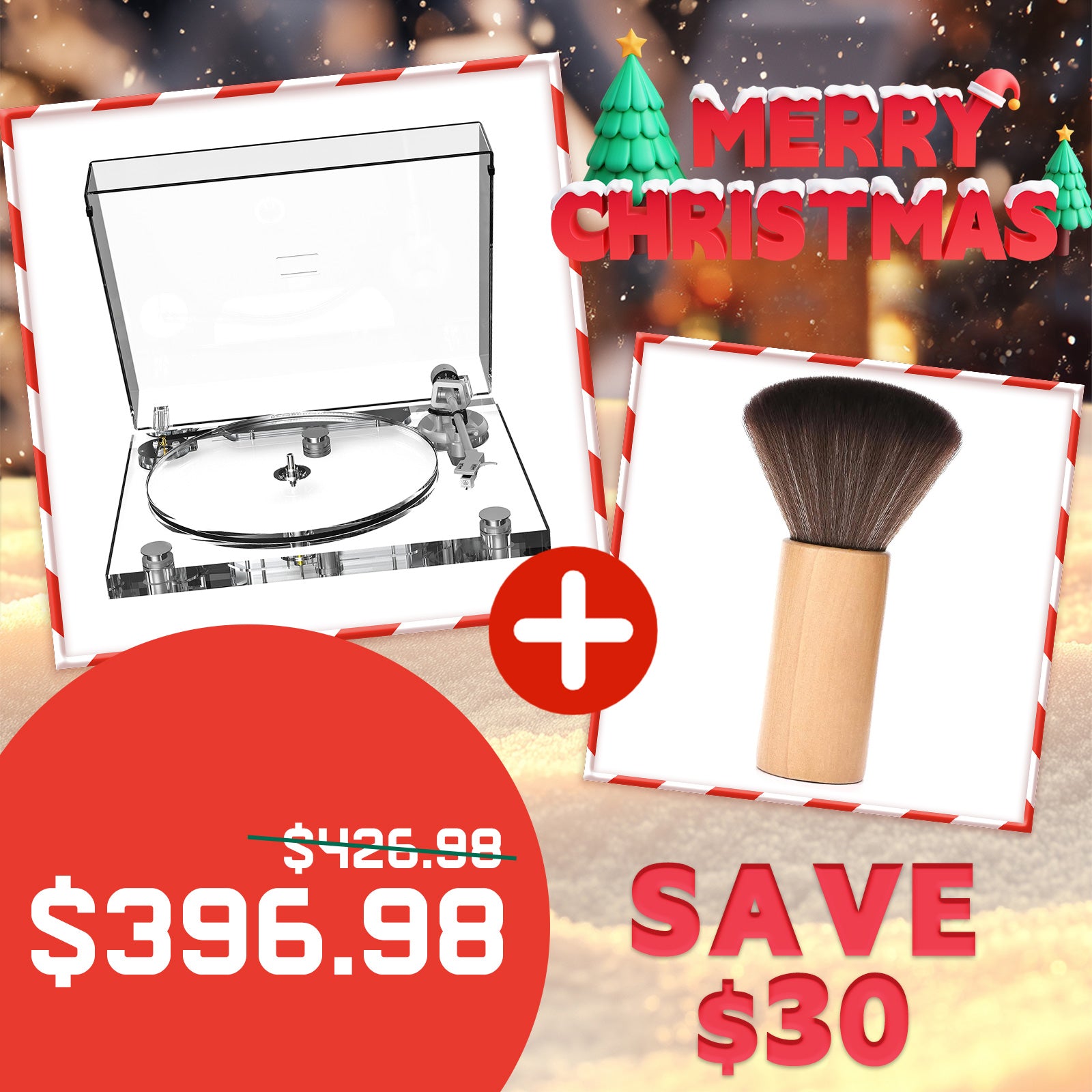 Christmas Limited Time Offer | All-Acrylic Transparent High-Fidelity Bluetooth Vinyl Turntable & Wooden Anti-Static Vinyl Cleaning Brush Combination