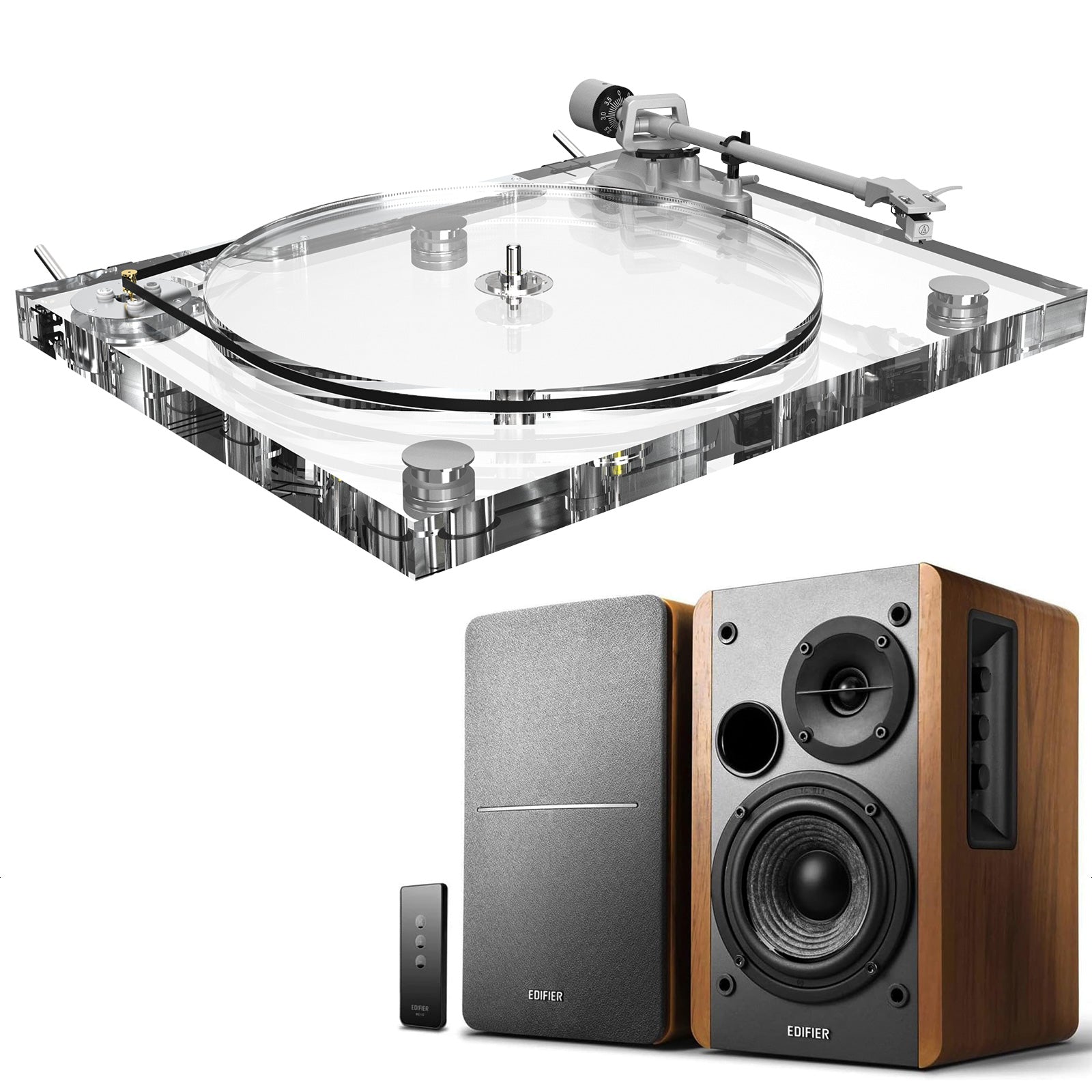ICE1-V2 Acrylic Turntable + Edifier R1280T 2.0 Speakers – High-Fidelity Vinyl Sound System