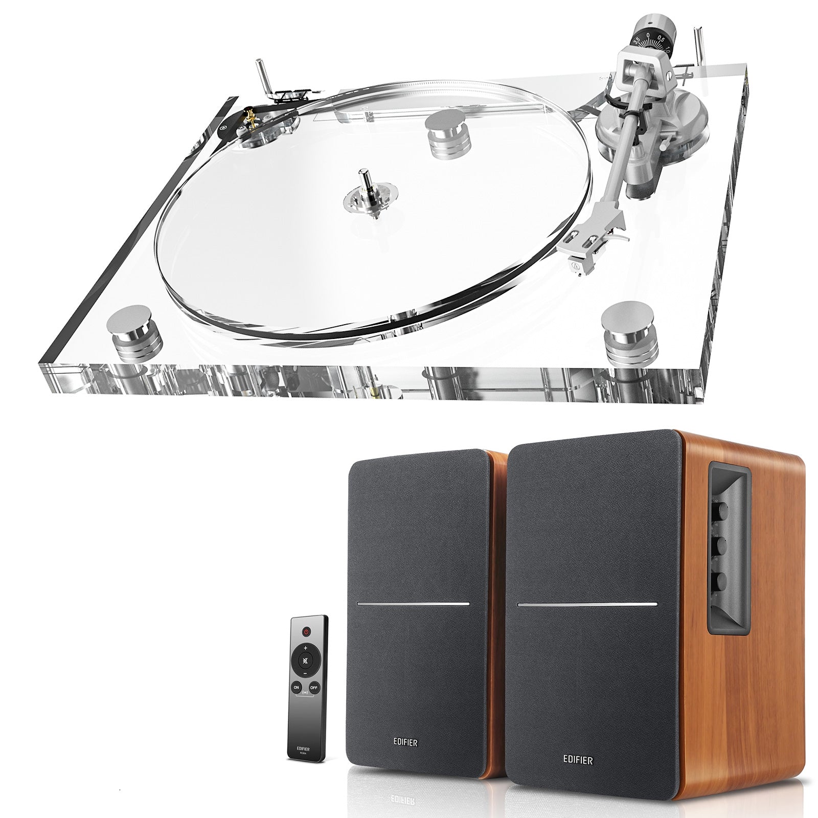 ICE1-V2 Acrylic Turntable + Edifier R1280Ts 42Watt Speakers – High-Fidelity Vinyl Audio System