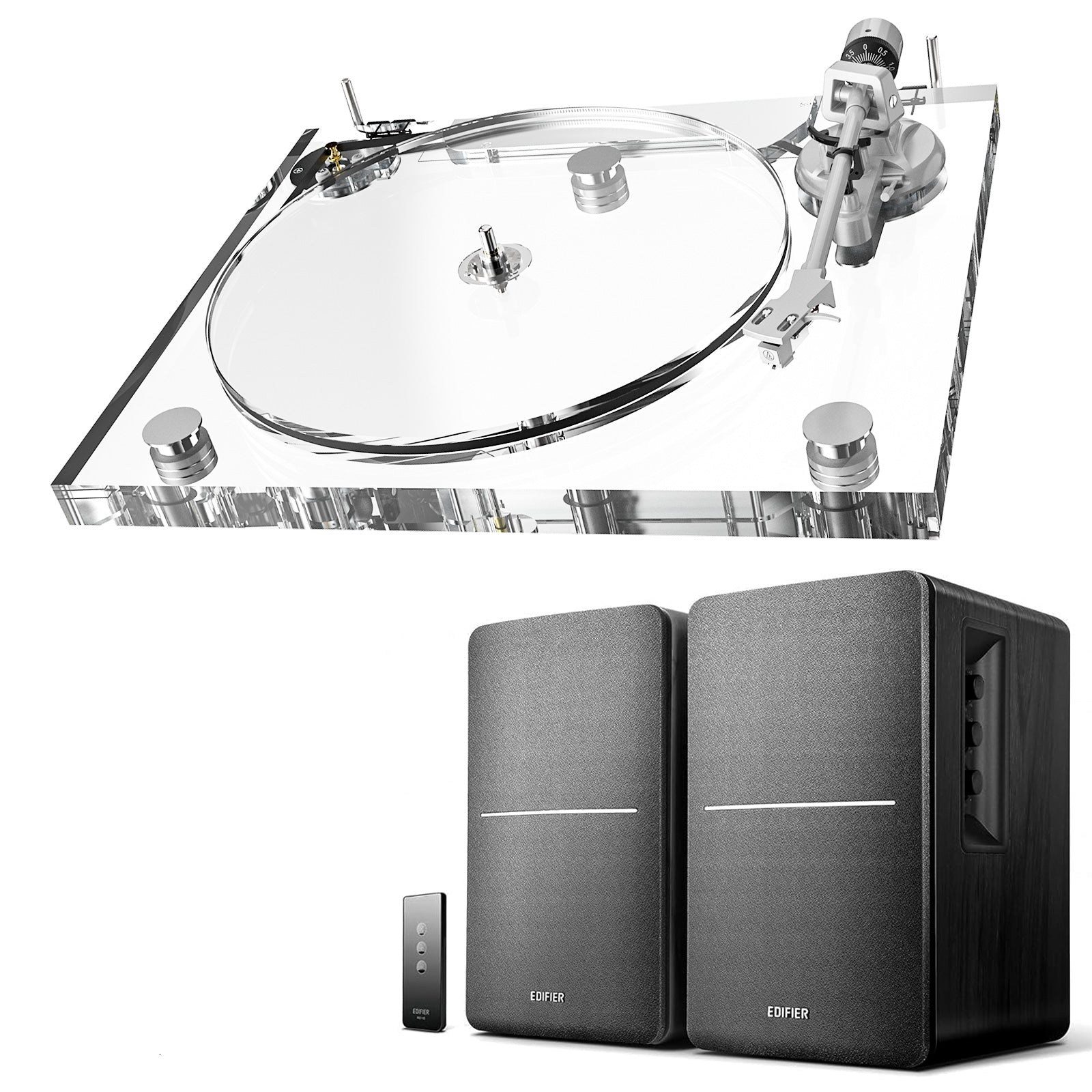 ICE1-V2 Acrylic Turntable + Edifier R1280Ts 42Watt Speakers – High-Fidelity Vinyl Audio System