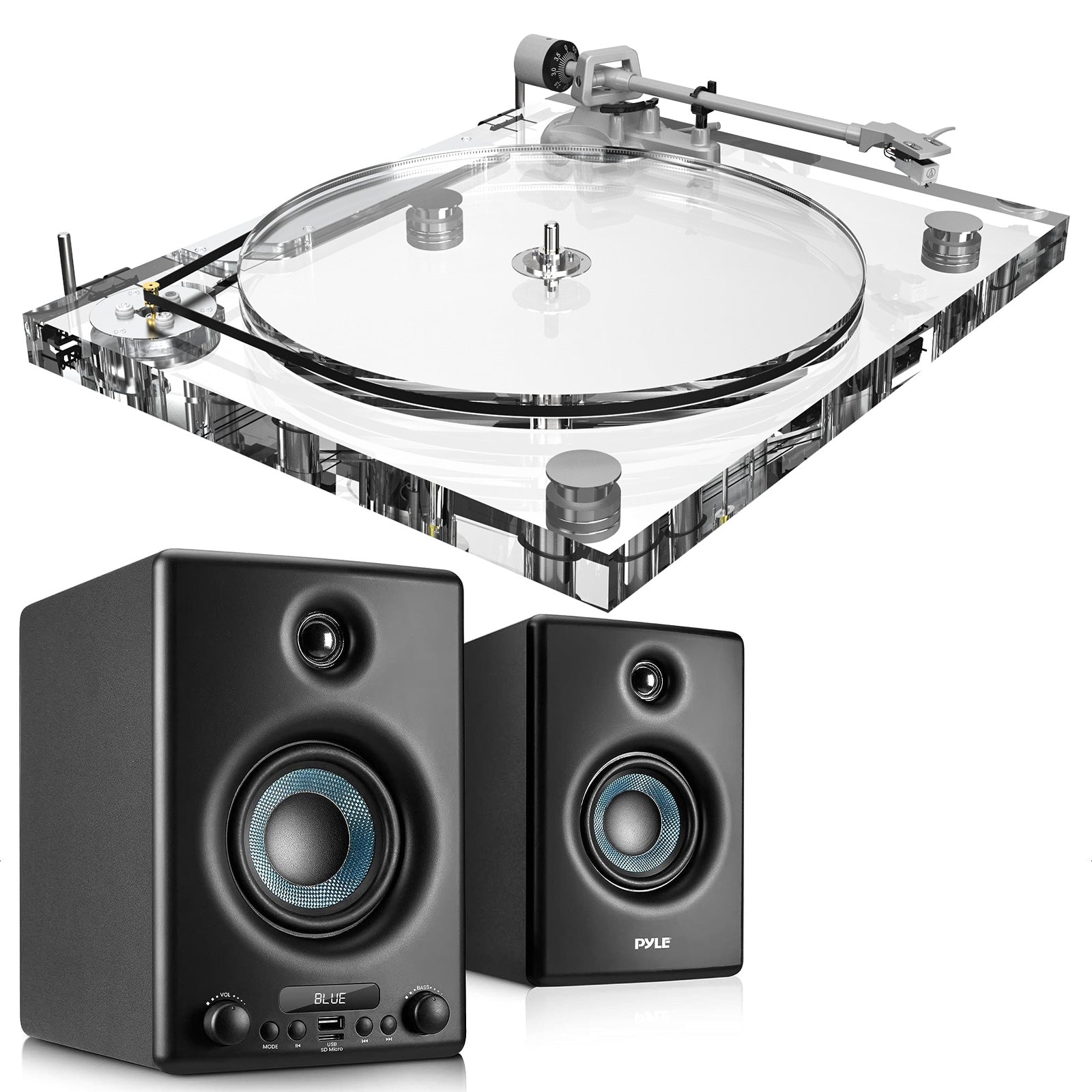 ICE1-V2 Acrylic Turntable + Pyle Professional 300W Speakers – High-Power Vinyl Audio System