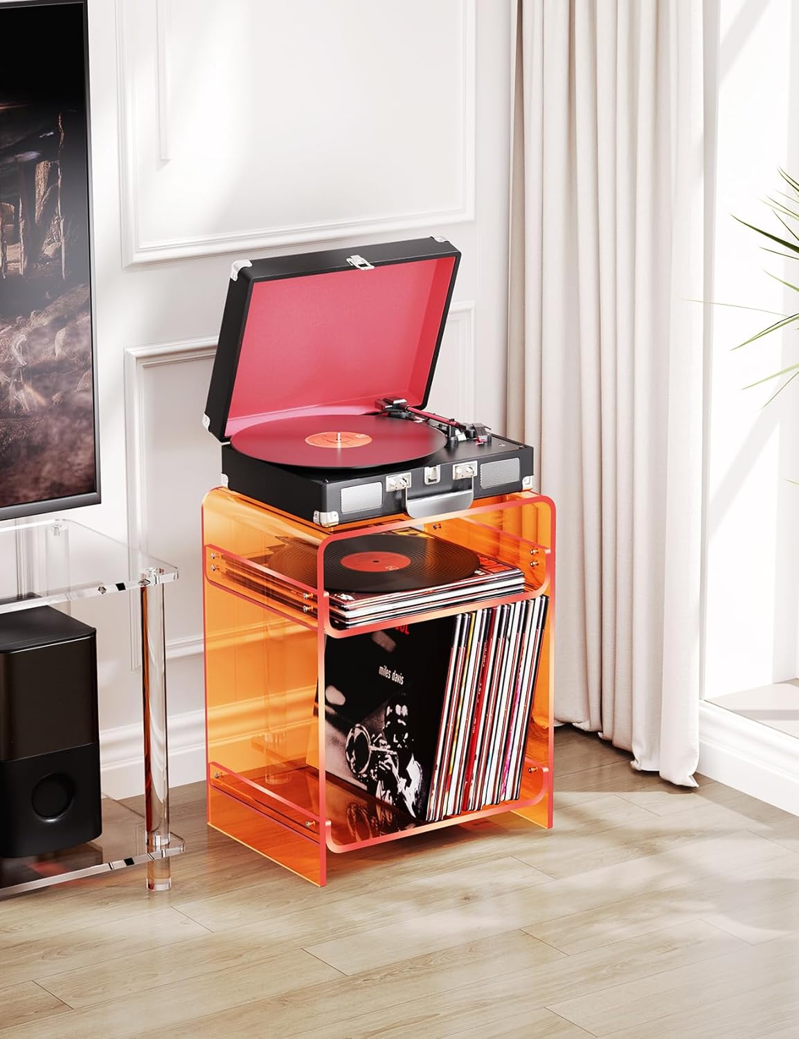 Orange Clear Acrylic Side Table Nightstand Record Player Stand with Storage