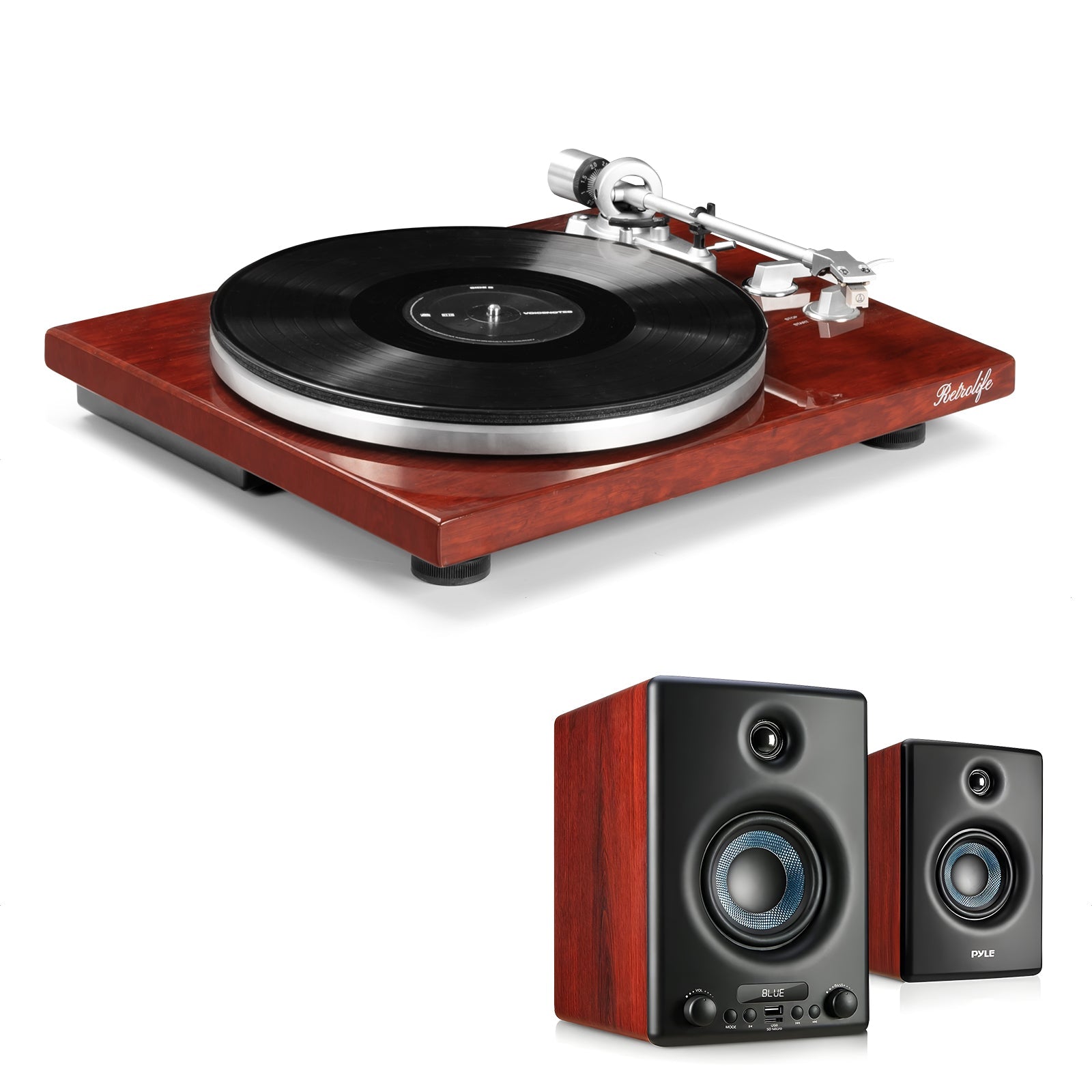 Turntable HQKZ-006 Red Wine with Pyle 300 Watts Active Speakers