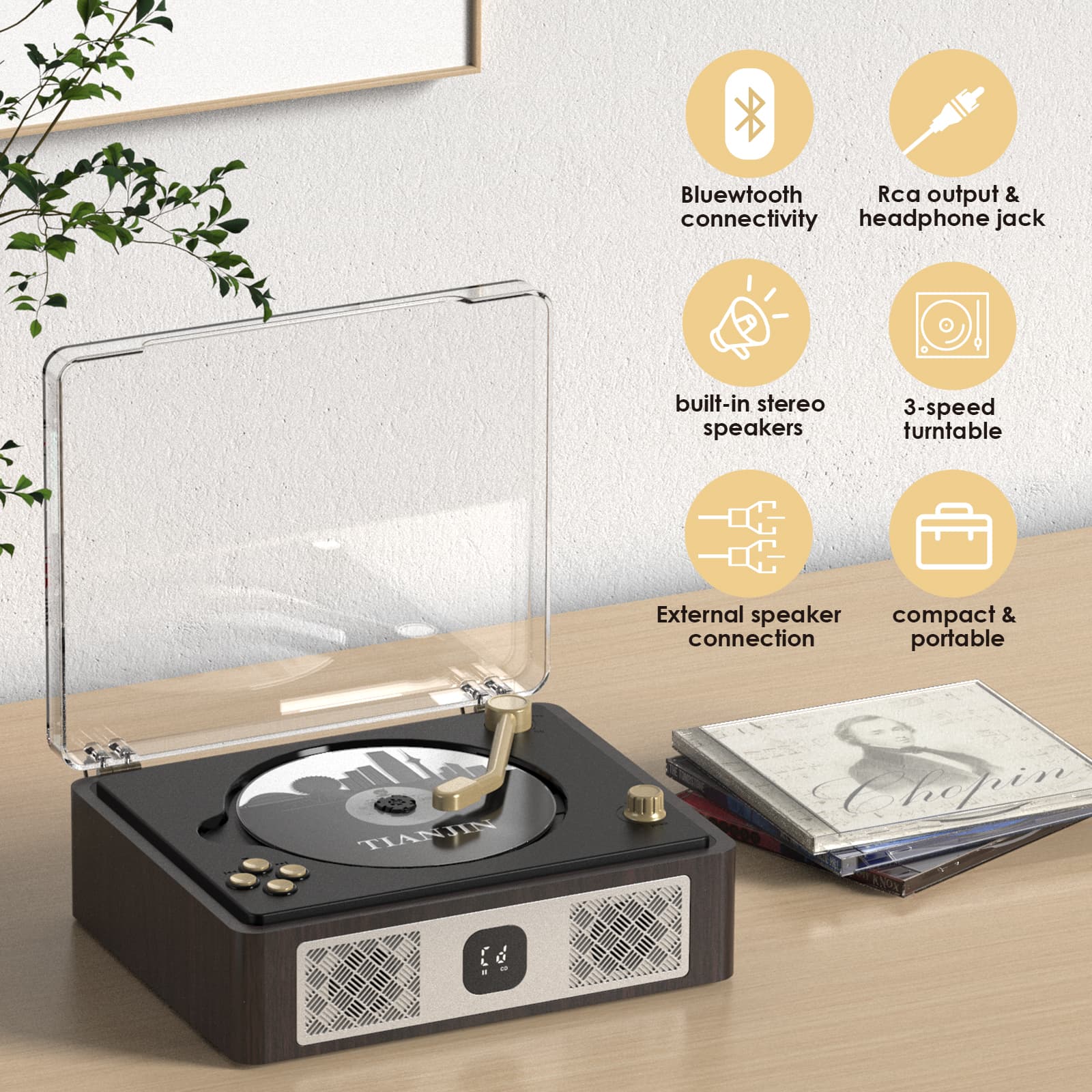 Bluetooth CD Player with Built-in Stereo Speakers & Remote – Portable Retro Home Music Player
