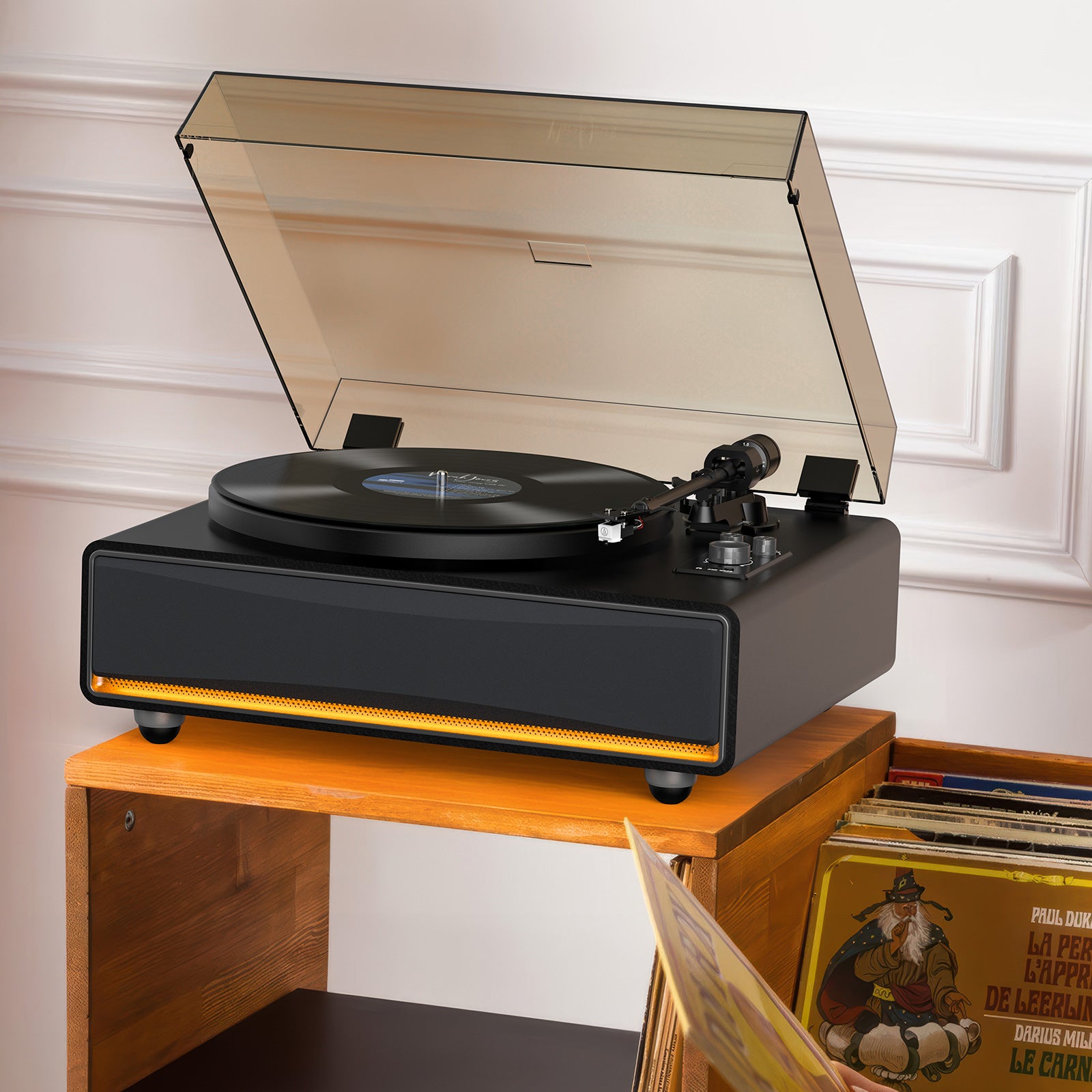 Vintage All-in-One Bluetooth Record Player with 40W Hi-Fi Speakers & Warm Ambient Light