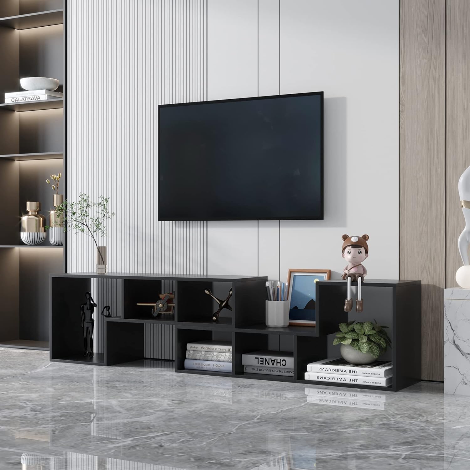 Double 41" L-Shaped TV Stand, Modern Entertainment Center Media Stand with Open Storage Shelves