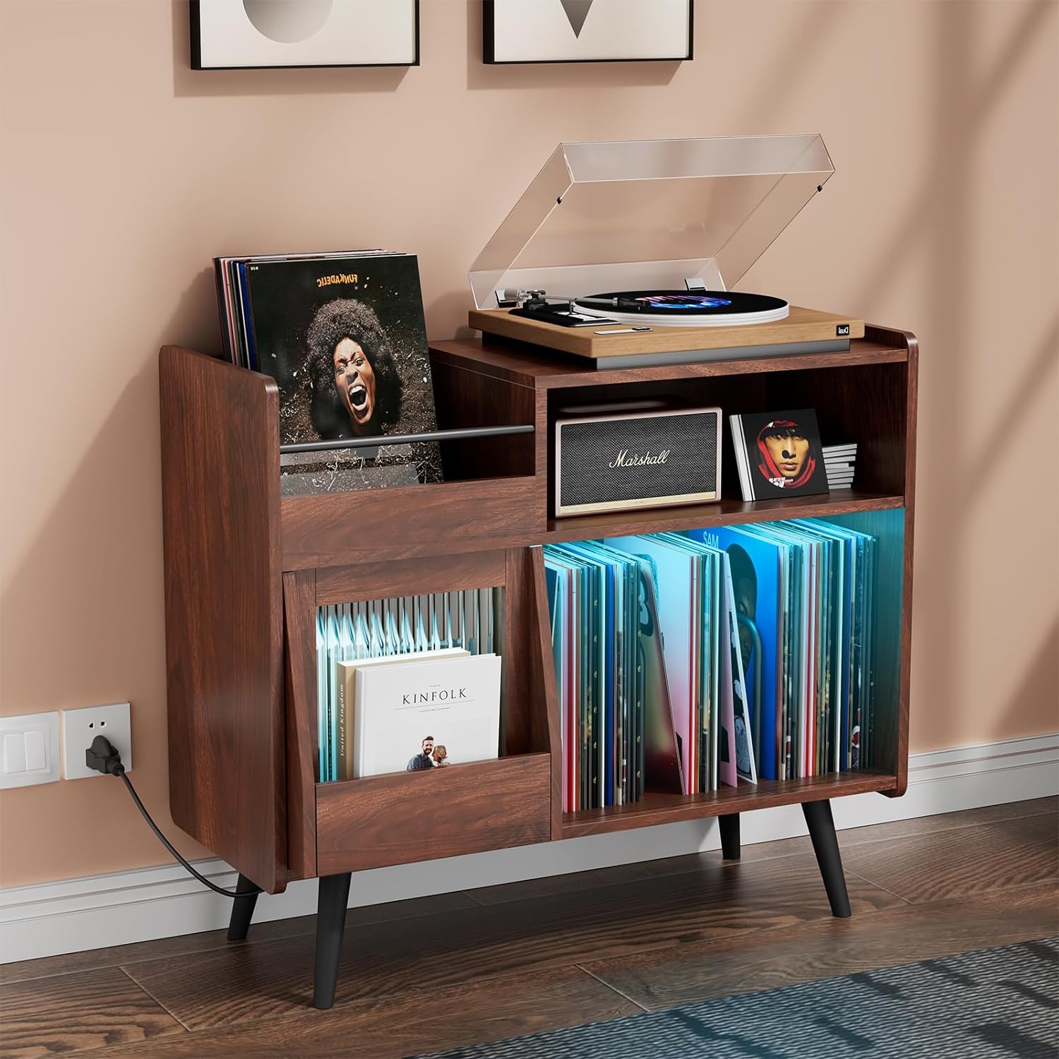 Home Large Record Player Stand with Power Outlet and LED Light
