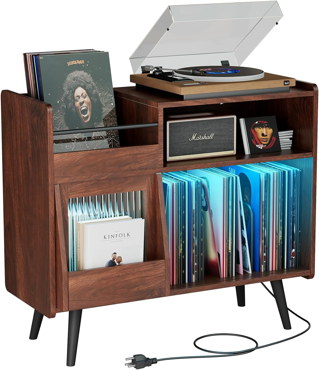 Home Large Record Player Stand with Power Outlet and LED Light