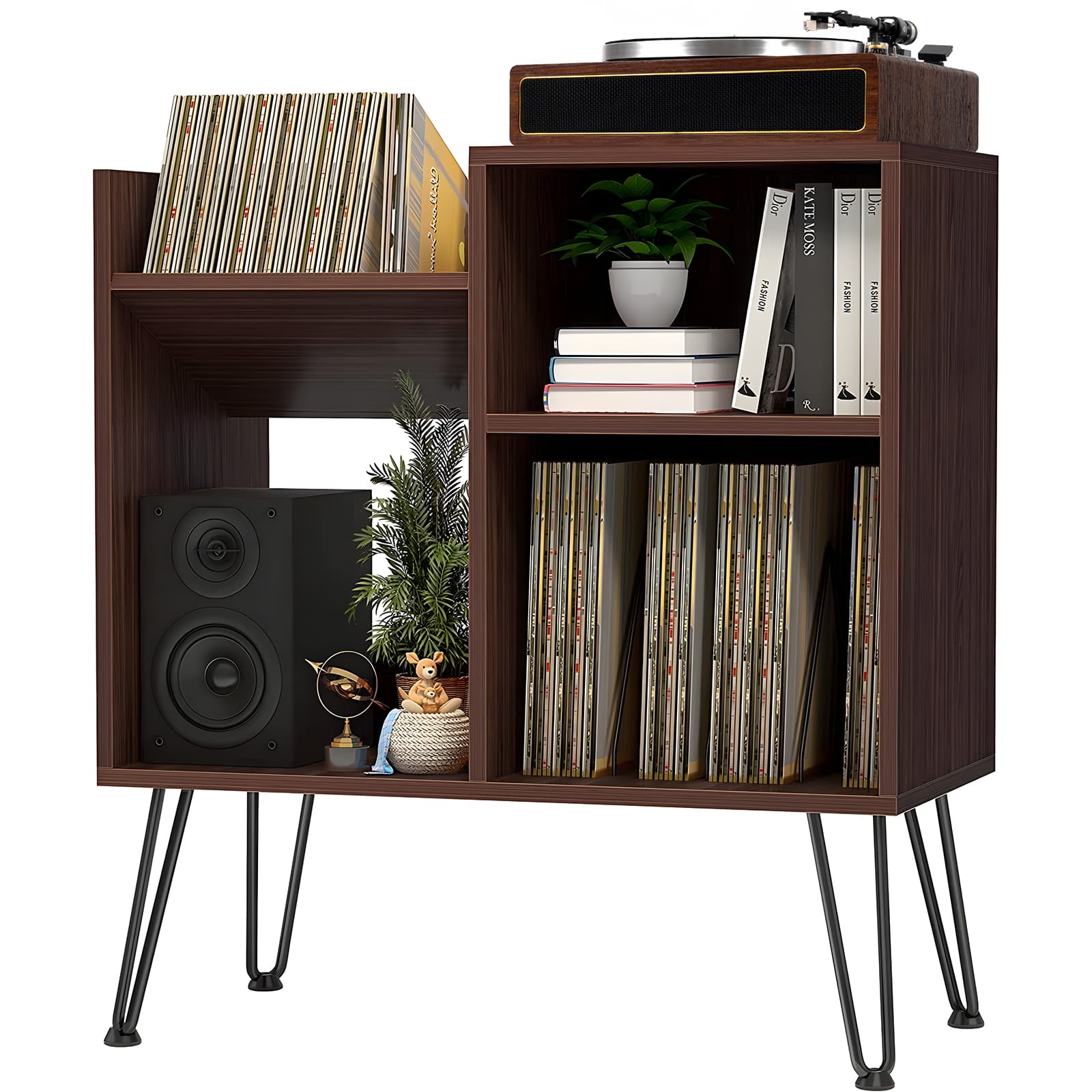 Mid-Century Modern Record Player Stand for Record Storage with Metal Legs AK3