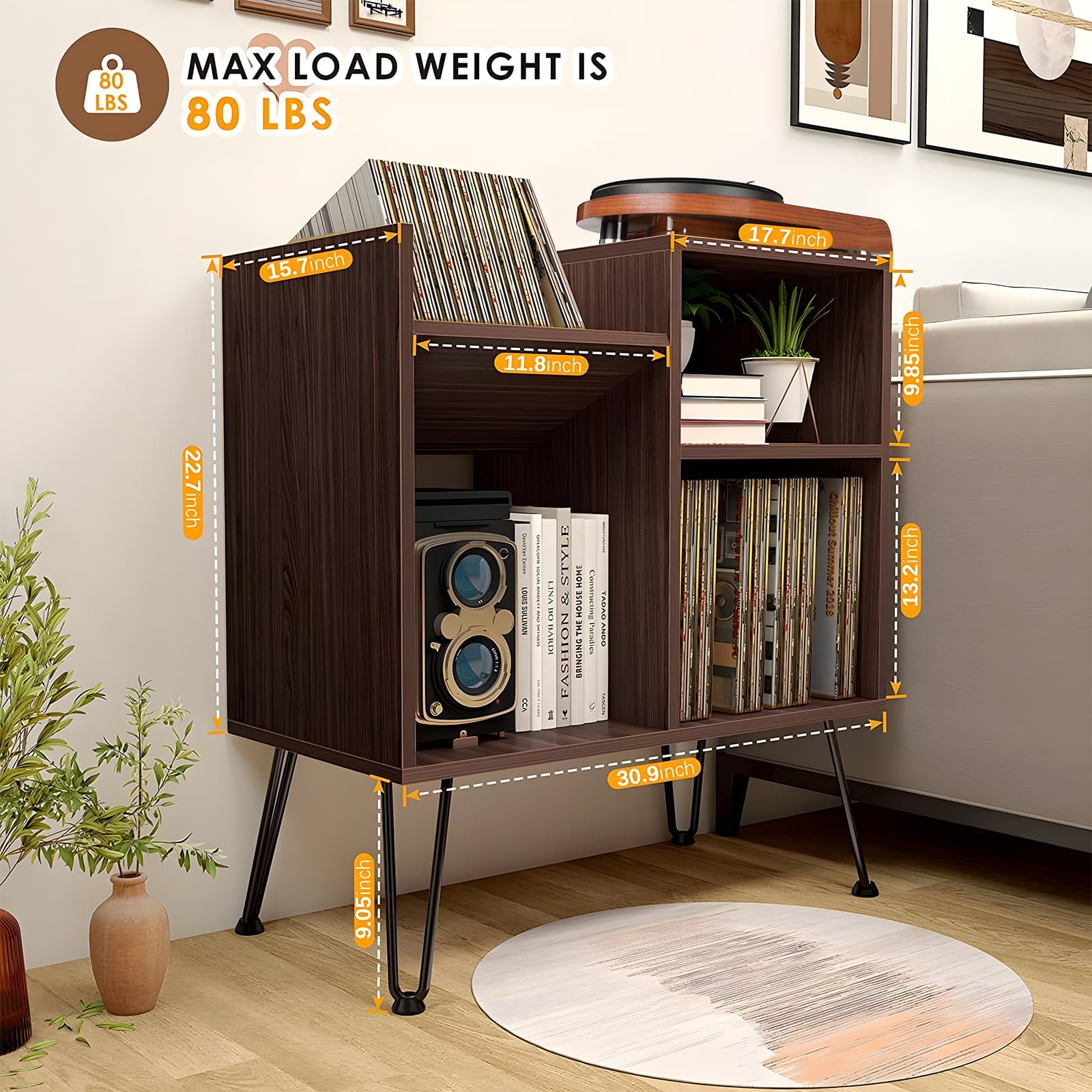 Mid-Century Modern Record Player Stand for Record Storage with Metal Legs AK3