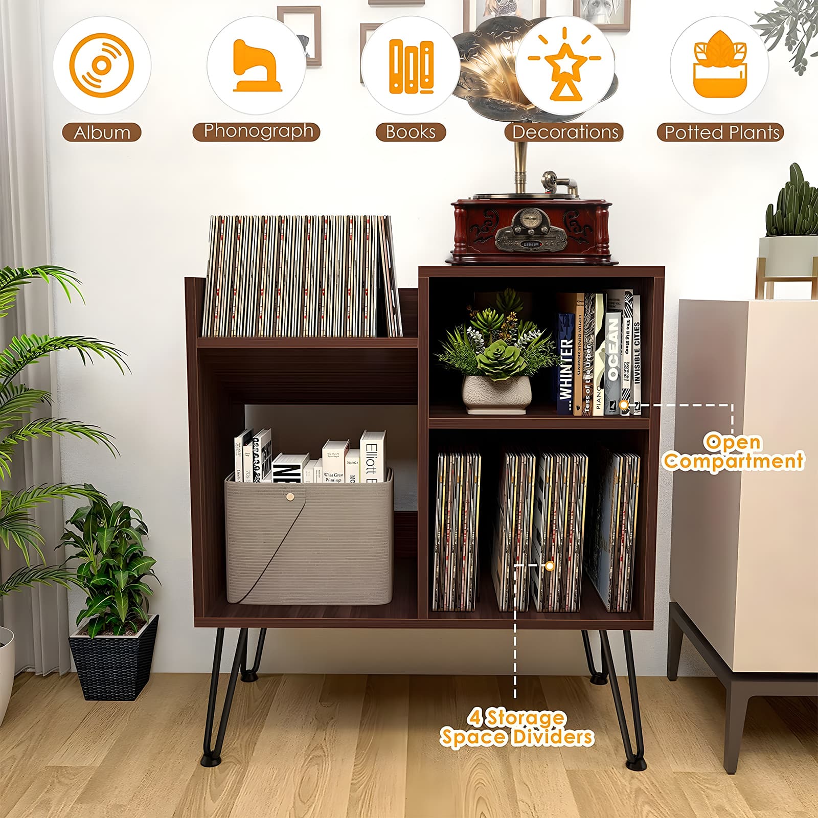 Mid-Century Modern Record Player Stand for Record Storage with Metal Legs AK3