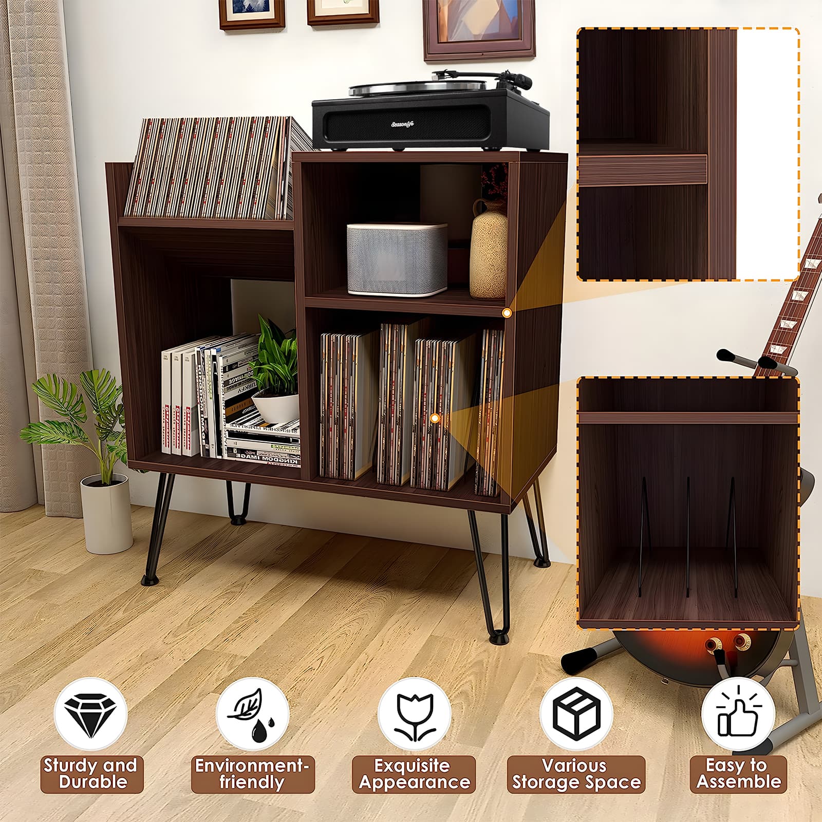 Mid-Century Modern Record Player Stand for Record Storage with Metal Legs AK3