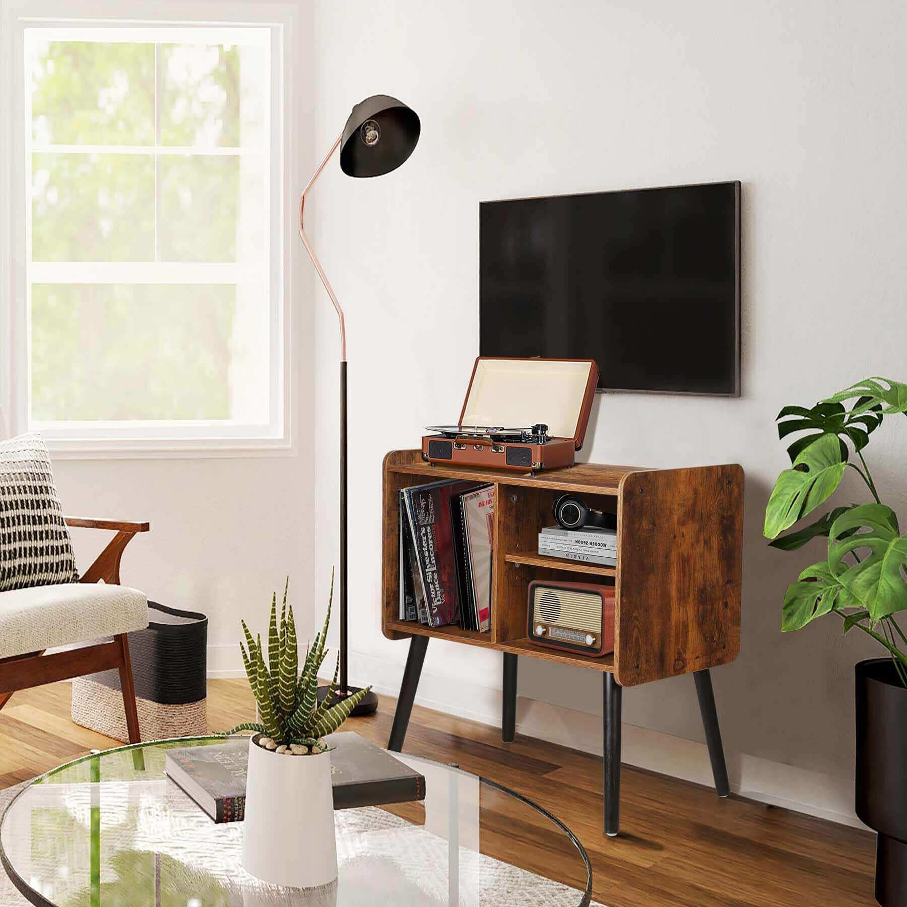 Record Player Stand with Vinyl Record Storage, Holds up to 100 Albums, Rustic Brown