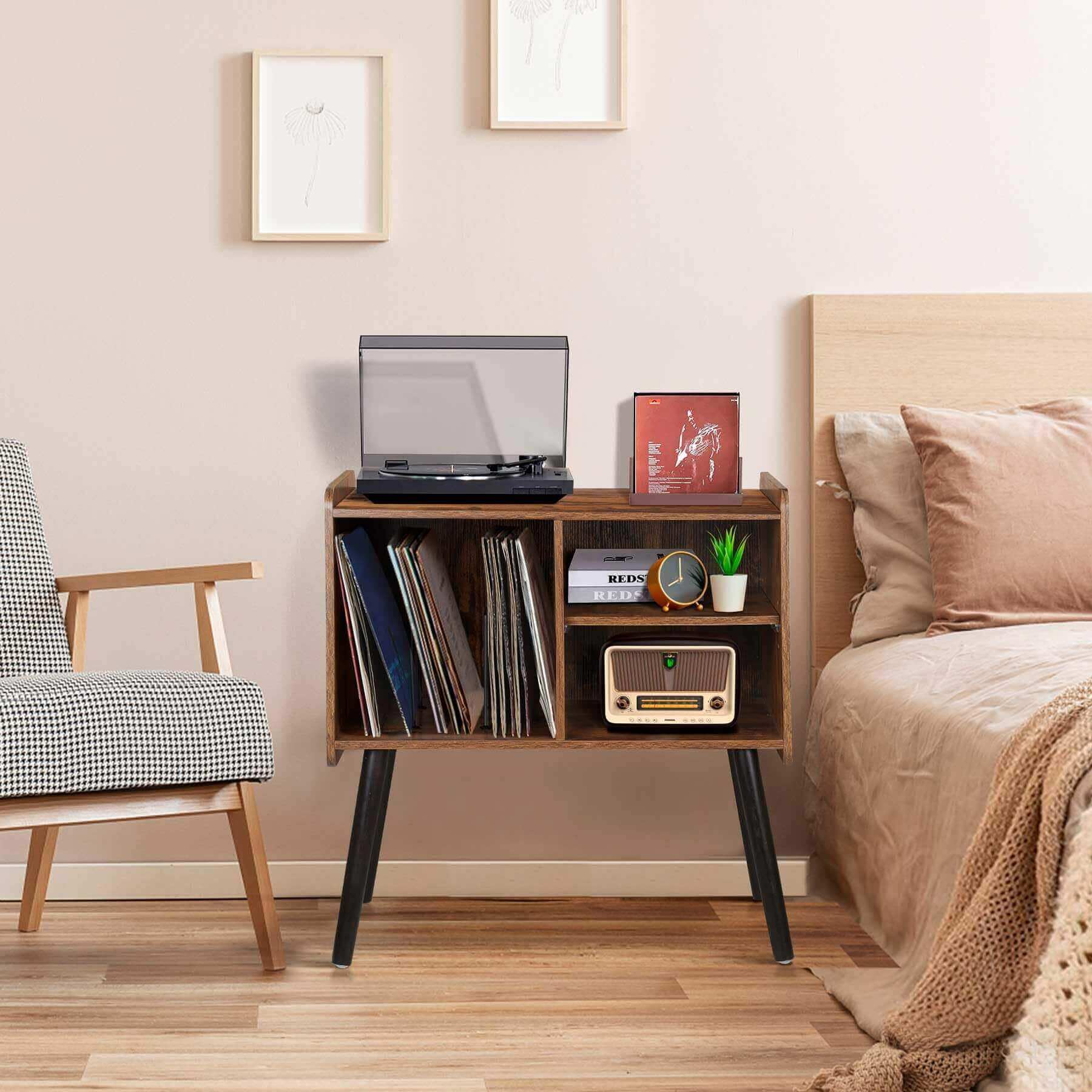 Record Player Stand with Vinyl Record Storage, Holds up to 100 Albums, Rustic Brown