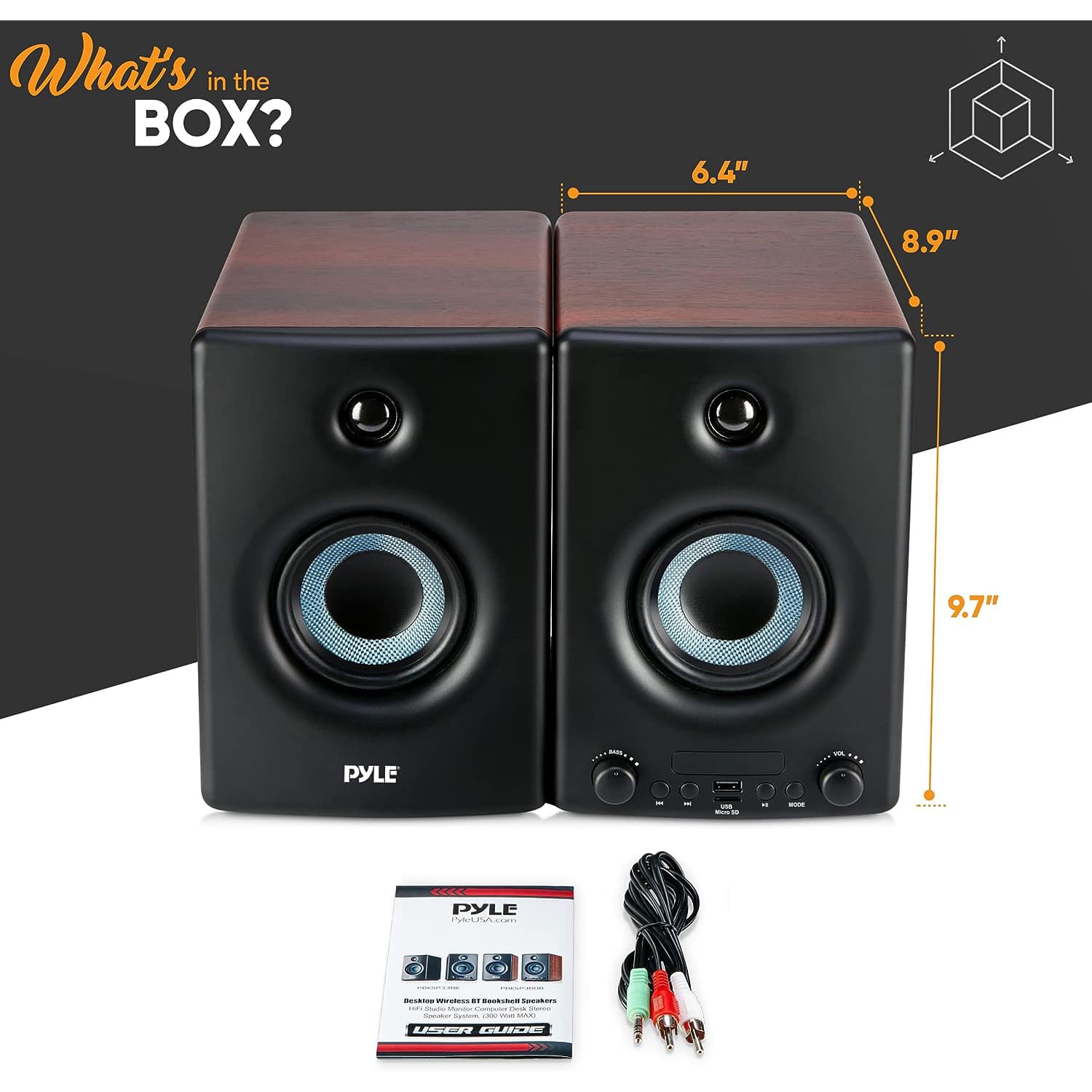 Pyle Wooden Designed HiFi Bluetooth Stereo Speaker System 300W Active Bookshelf Speaker with Professional Sound Quality